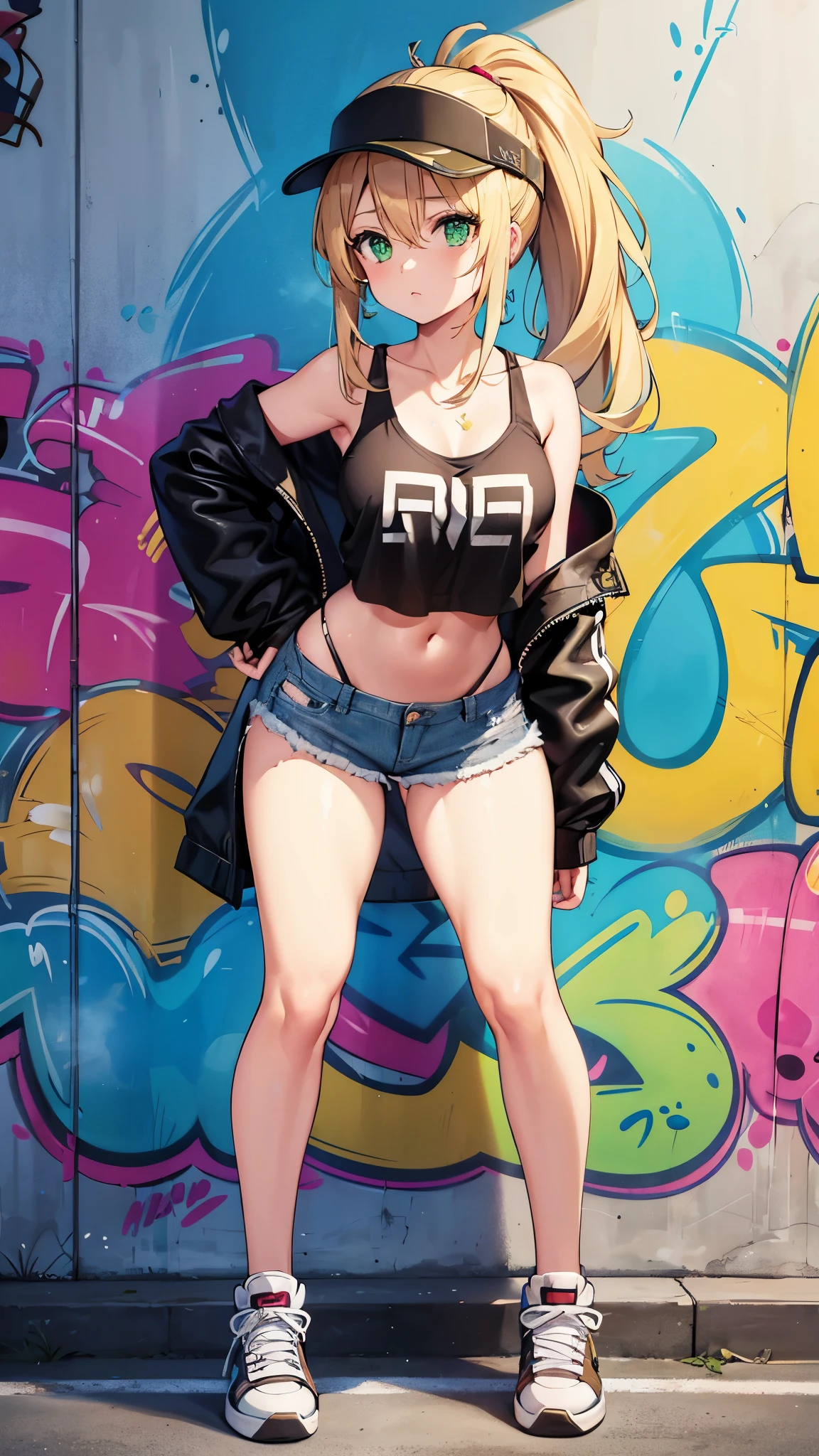 1girl, Mimi jeans, blonde hair, green eyes, ponytail,long hair,((graffiti on the wall)), holding spray can, tank top, sneakers, exposed stomach, visor cap, wide hips, thick thighs, hand on hip, standing, high quality, masterpiece 