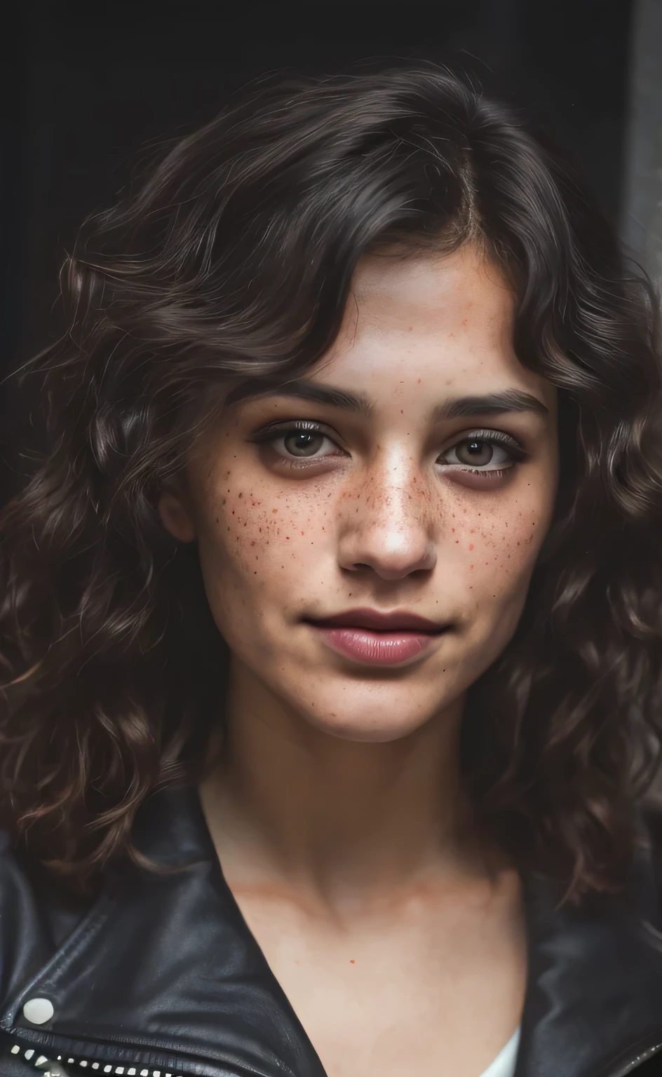 (close-up, editorial photograph of a 30 year old woman), (highly detailed face:1.4) (smile:0.7) (background inside dark, moody, private study:1.3) POV, by lee jeffries, nikon d850, film stock photograph ,4 kodak portra 400 ,camera f1.6 lens ,rich colors, hyper realistic ,lifelike texture, dramatic lighting , cinestill 800, wavy hair, messy hair, curls, mocking smirk, black hair, freckles, black eyes, white skin, black motorcycle jacket, european expressions, european woman, european skin