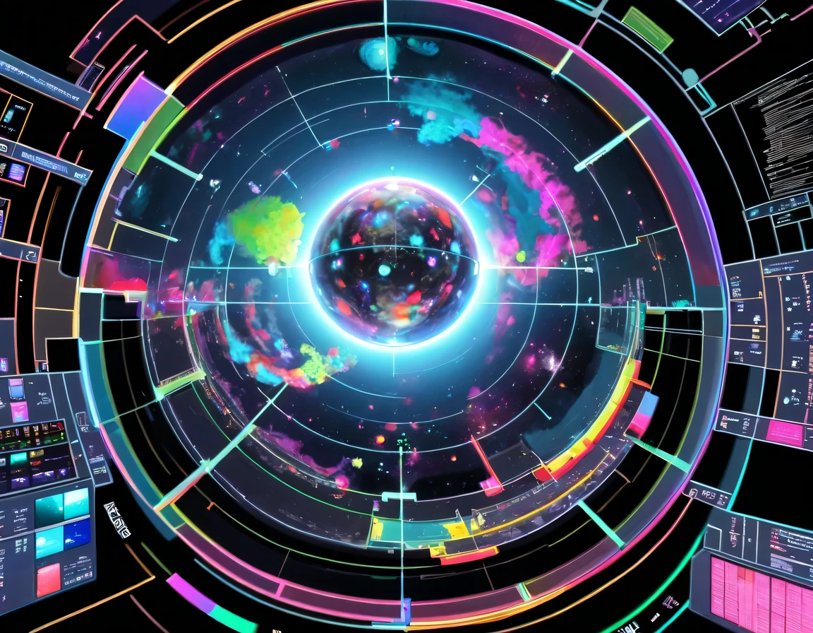 high tech会议大厅中间有未来派transparent空灵天文图,3D astronomical map,Holographic projection astronomical map,Map of cosmic galaxies,spherical,transparent,cyberpunk,X-ray,fluorescence,neon lights,high tech,command hall,Control lobby