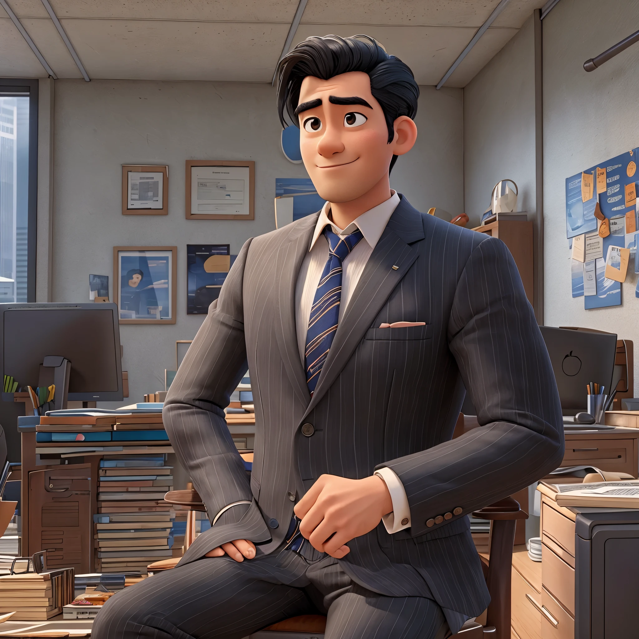 masterpiece, best quality, An Asian man，male，dad，black hair，wearing a suit，in office，Pixar style, one person，Upper body，