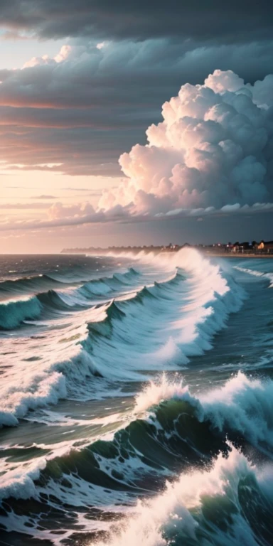 Picture of a scenery: a storm brings clouds and swirls and the sea is raging.
