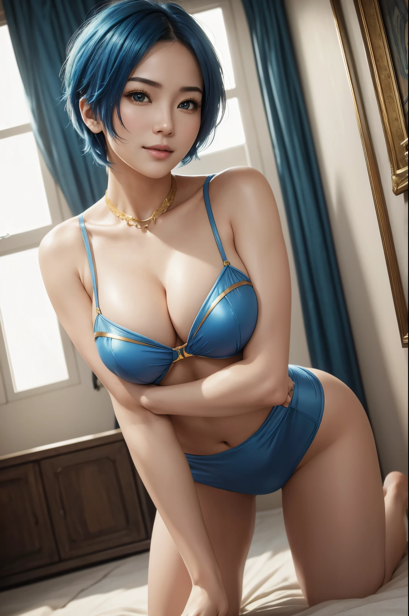 8K、Photorealistic RAW photos of the highest quality。1.4)(大peopleの女性<>people) 超美people(lifelike face) Mature goddess with blue mohawk、ethereal、welcome、big and full breasts、Bright colors、青と白のsexyな女神のランジェリー,white greek peplos、perfect woman image、laughter、Trending at Art Station、masterpiece、8K resolution、fantasy art、Super high resolution,skin that looks real,golden decoration,golden eyes,Mr.々pose,Charm,sexy,rich colors, Backlight, cinematic lighting, film grain, born, 50mm lens, Nikon D850,realistic skin,beautiful blue short hair,青と白のsexyなランジェリー,perspective from above,Emphasize large cleavage,crawl on all fours,breast enhancement,