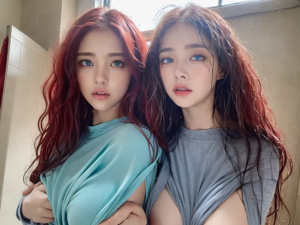 4 tiny Beautiful handsome woman, ((top quality, 8k, masterpiece:1.retty woman, 1woman, huge breasts:1.3, slender figure:1.1, elastic red long hair, (shower, wet body, wet clothes:1.1), very detailed face, detailed lips, detailed eyes, double eyelids, detailed blue eyes, extremely detailed outstanding blue eyes, red wet hair, red wet hair, detailed outstanding BLUE EYES, innocent stare at the viewer, extremely wet wavy red hair, detailed outstanding BLUE EYES, raining outside