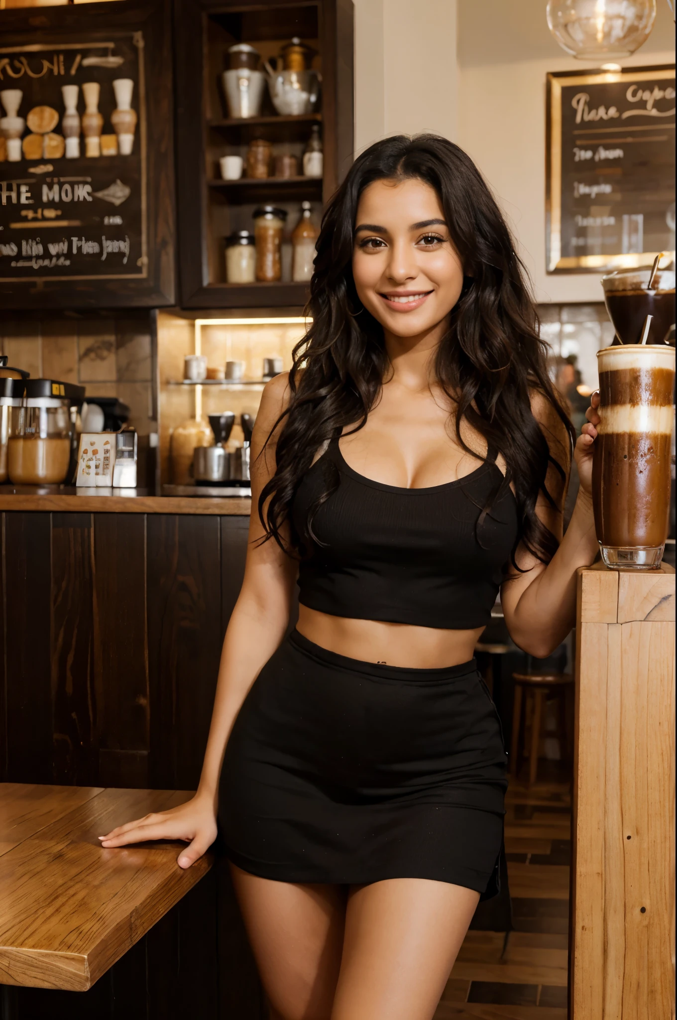 Sexy black wavy haired Middle Eastern woman in a coffee shop drinking coffee and smiling full body hyper photorealistic