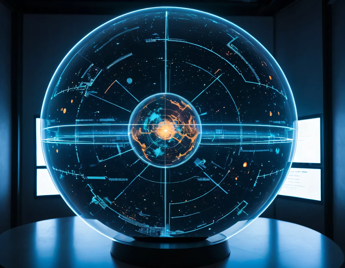 high tech会议大厅中间有未来派transparent空灵天文图,3D astronomical map,Holographic projection astronomical map,Map of cosmic galaxies,spherical,transparent,cyberpunk,X-ray,fluorescence,neon lights,high tech,command hall,Control lobby