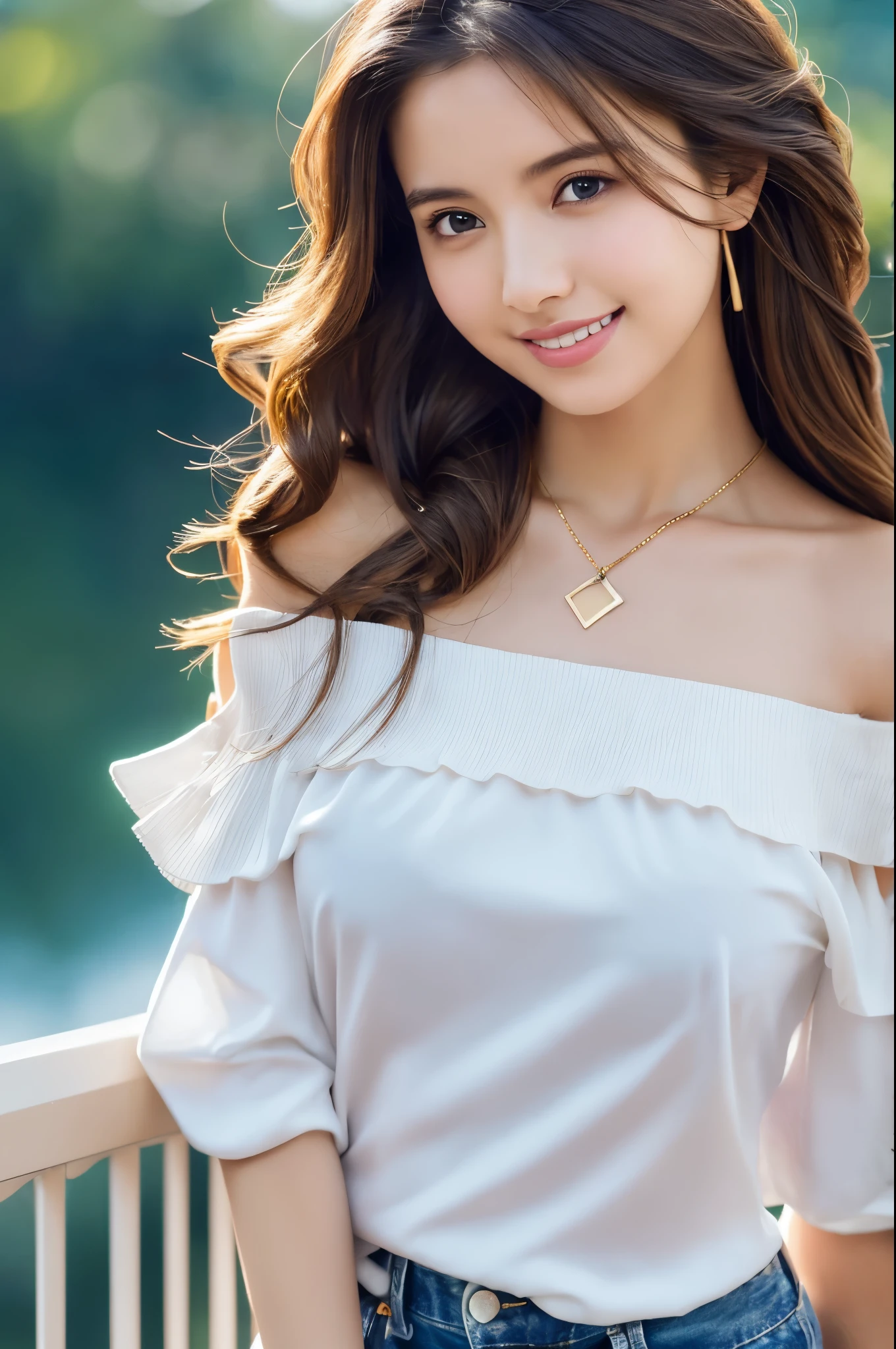 (masterpiece:1.3), high resolution, ultra detailed, extremely detailed CG unity 8k wallpaper, realistic, photo-realistic, RAW photo, beautiful detailed face, pale skin, realistic glistening skin, detailed cloth texture, detailed hair texture, Perfect Style, Beautiful Face, accurate, Anatomically correct, Highly detailed face and skin texture, natural neck length, (wet body, wet hair:1.1),
BREAK
Detailed eyes, symmetric eyes, Brown eyes, Double eyelids, Thin eyebrows, (Sexy Lips:1.3), (happy smile:1.2), (blush:1.2)
BREAK,
((Innocent and Cute girl:1.3)), ((wearing a off-shoulder White blouse:1.4)), (Gold buckle belt), (skinny jeans:1.2), (cross strap high heels:1.2), (necklace, bracelet), (Thin hoop earrings), (pinky ring), (beautiful blue nails:1.2),
Layered Hairstyle, (brown hair:1.2), (wavy hair:1.2), medium long hair, (large breasts, firm breast, nicely shaped breasts:1.1),
BREAK,
((Standing to close:1.4)), ((looking up at viewer:1.2)),
((close-up shot:1.2)), (Focus on face:1.2), (from above:1.2), (in an outdoor stylish beachside terrace), ((A view of The night sky filled with numerous stars and a large full moon shining brightly:1.3)),