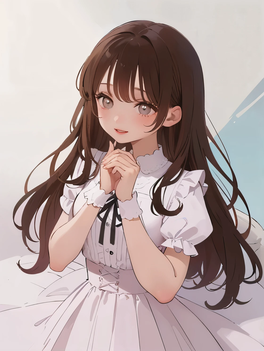 highest quality、An illustration、Two dimensions、1 girl、beautiful face、cute、white background、beige hair、thin white ribbon on head、white blouse、skirt、white skin、princess cut、pink cheeks、Small lips、Pink lips、tear bag、from far away、smile