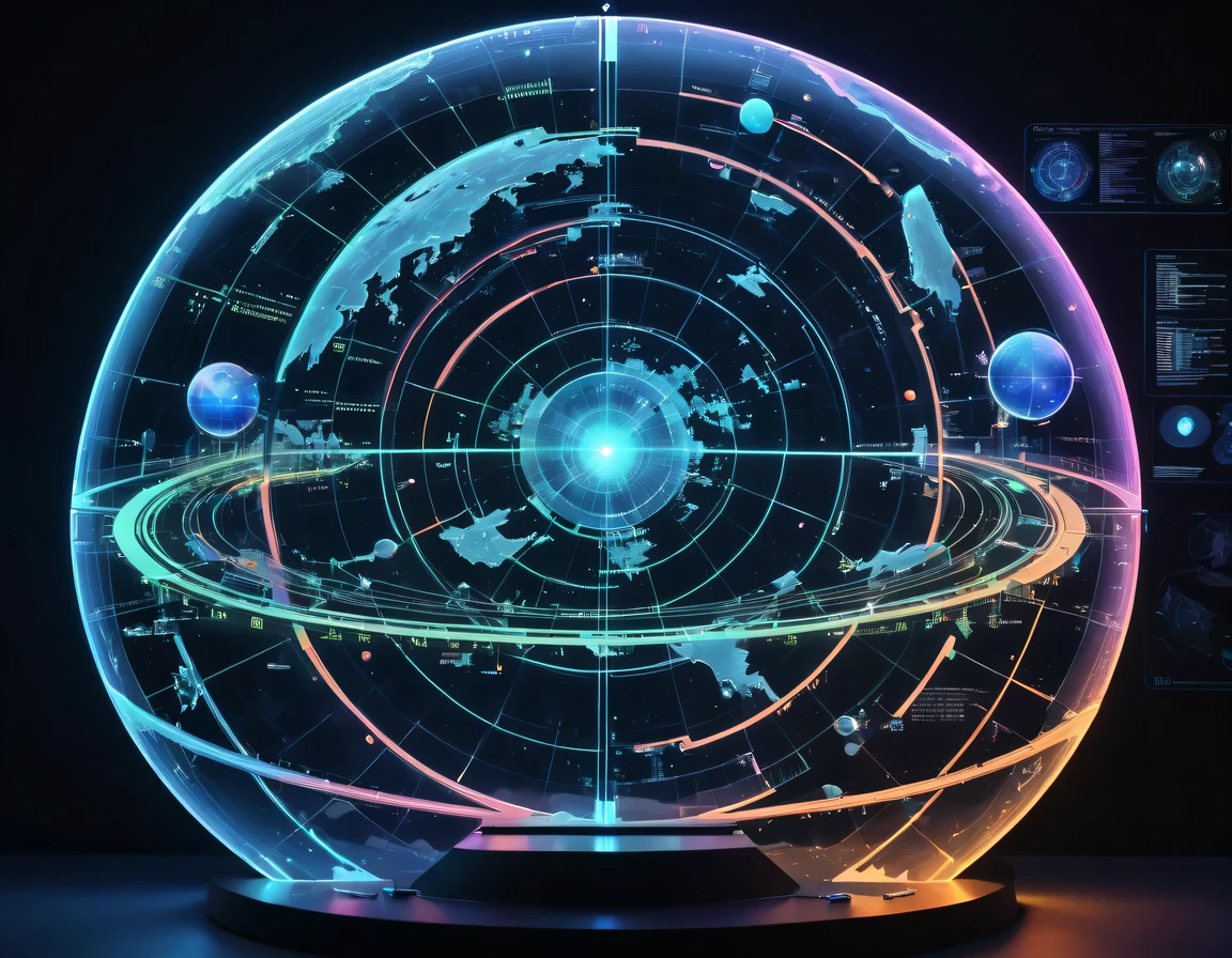 high tech会议大厅中间有未来派transparent空灵天文图,3D astronomical map,Holographic projection astronomical map,Map of cosmic galaxies,spherical,transparent,cyberpunk,X-ray,fluorescence,neon lights,high tech,command hall,Control lobby