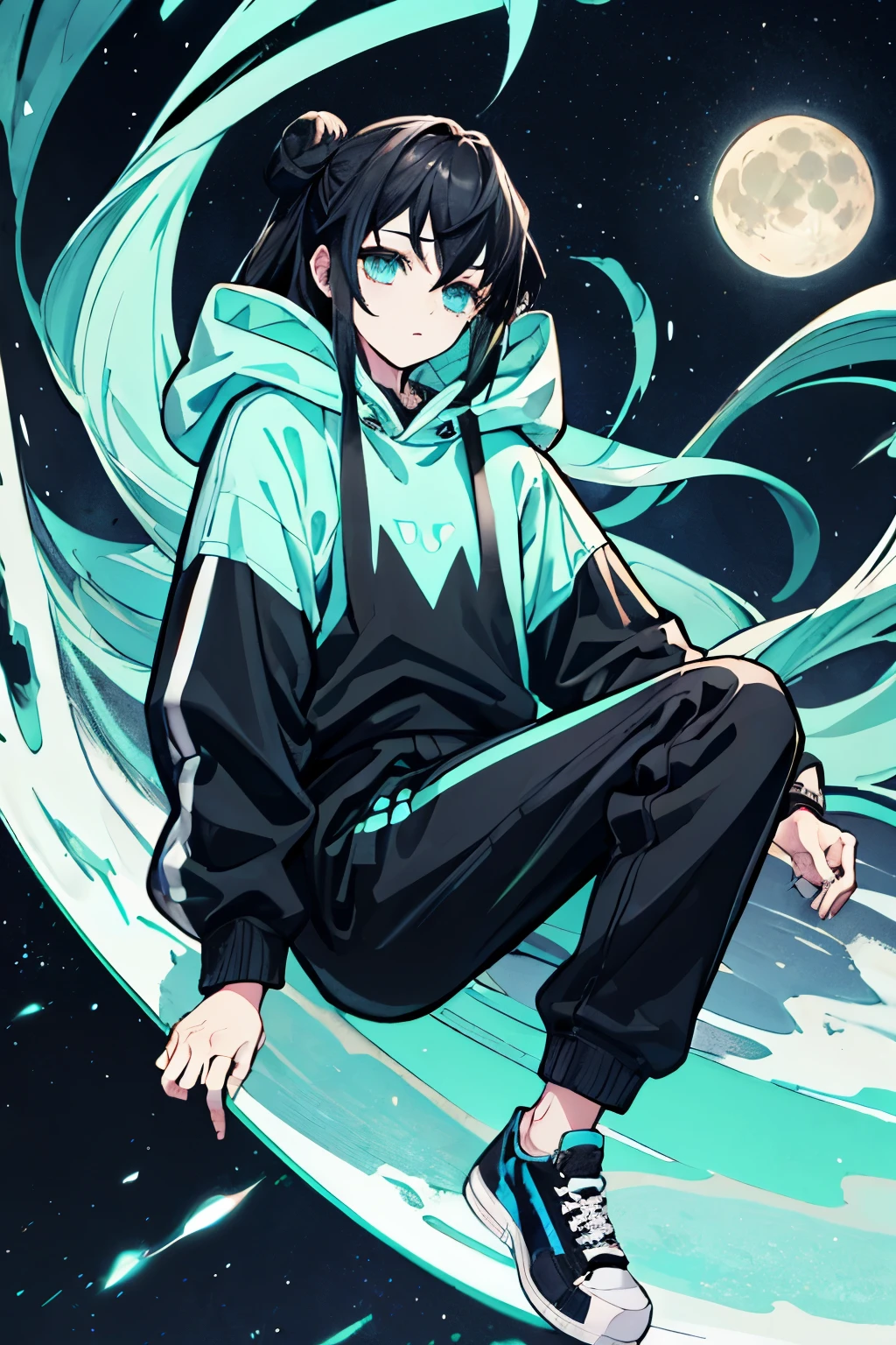 highest quality、best quality、Super detailed、perfect face、muste piece、Very delicate and detailed、1 boy、Long black hair、Hair up to the waist、The hair is mint green、light blue eyes、detailed face、Wearing a big black hoodie、black pants、sneakers、moon in background、night、detailed background