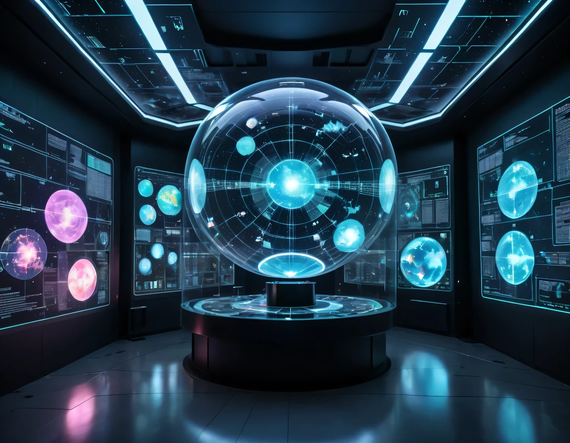 high tech会议大厅中间有未来派transparent空灵天文图，3D astronomical map，Holographic projection astronomical map，Map of cosmic galaxies，spherical，transparent，cyberpunk，X-ray，fluorescence，neon lights，high tech，command hall，Control lobby