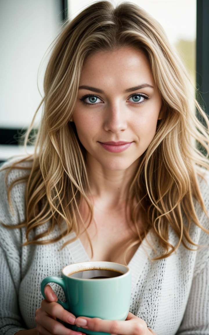 (((Aquarell))), (Helena von Lovi) Photo of a stunning beautiful woman, 24 Jahre alt, perfectly fitting body, big green eyes, langes, unordentliches, windiges blondes Haar, green eyes, Beautiful blonde wearing beige sweater (Sipping coffee in a modern café at sunset), Sehr detailiert, 24 Jahre alt, Unschuldiges Gesicht, Natural wavy hair, green eyes, high resolution, Meisterwerk, best quality, Komplizierte Details, Sehr detailliert, scharfer Fokus, detaillierte Haut, realistisch skin Textur, Textur, detaillierte Augen, Fachmann, 4K, charming smile, mit Kanone gedreht, 85mm, shallow depth of field, Kodak Vision Farbe, perfectly fitting body, Extremely detailed, Foto_\(Ultra\), photorealistisch, realistisch, Nachbearbeitung, Maximale Detailgenauigkeit, Rauheit, wahres Leben, Ultra realistisch, Fotorealismus, Fotografie, 8K UHD, Fotografie ,Haarbänder, Von Agnes Cecile, half body portrait, extrem leuchtendes helles Design, Pastel Farben, (Tinte:1.3), Herbstlichter