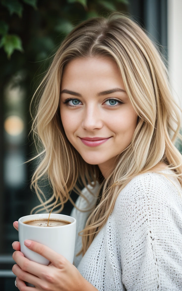 (((Aquarell))), (Helena von Lovi) Photo of a stunning beautiful woman, 24 Jahre alt, perfectly fitting body, big green eyes, langes, unordentliches, windiges blondes Haar, green eyes, Beautiful blonde wearing beige sweater (Sipping coffee in a modern café at sunset), Sehr detailiert, 24 Jahre alt, Unschuldiges Gesicht, Natural wavy hair, green eyes, high resolution, Meisterwerk, best quality, Komplizierte Details, Sehr detailliert, scharfer Fokus, detaillierte Haut, realistisch skin Textur, Textur, detaillierte Augen, Fachmann, 4K, charming smile, mit Kanone gedreht, 85mm, shallow depth of field, Kodak Vision Farbe, perfectly fitting body, Extremely detailed, Foto_\(Ultra\), photorealistisch, realistisch, Nachbearbeitung, Maximale Detailgenauigkeit, Rauheit, wahres Leben, Ultra realistisch, Fotorealismus, Fotografie, 8K UHD, Fotografie ,Haarbänder, Von Agnes Cecile, half body portrait, extrem leuchtendes helles Design, Pastel Farben, (Tinte:1.3), Herbstlichter