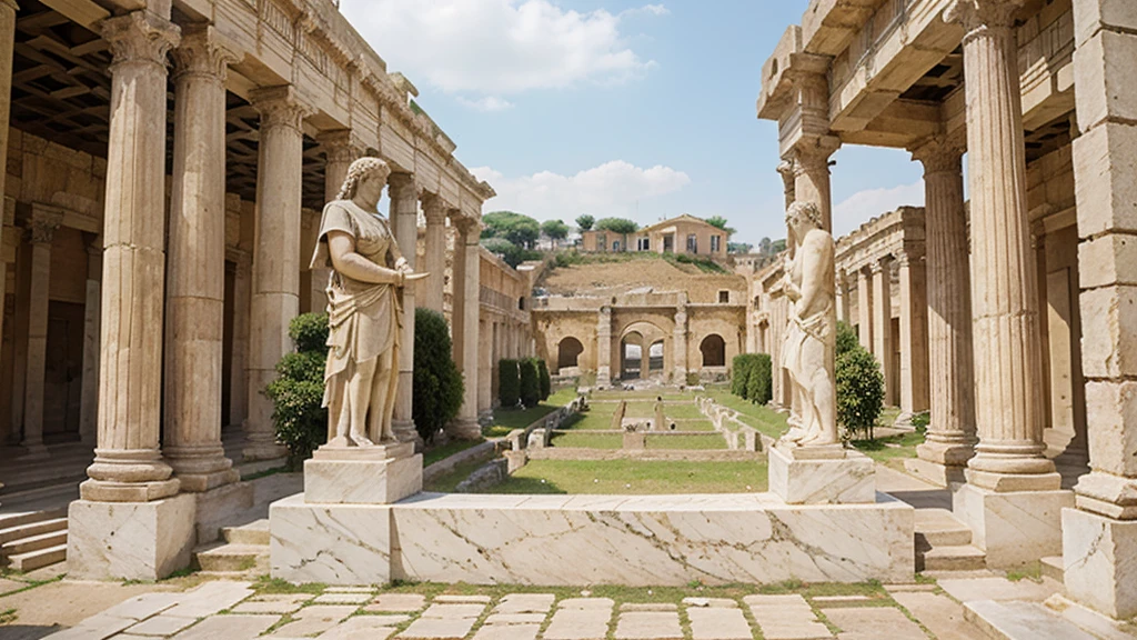 The background must be an antique roman city and in first plan the word "GHE$$" as a statue made of white marble