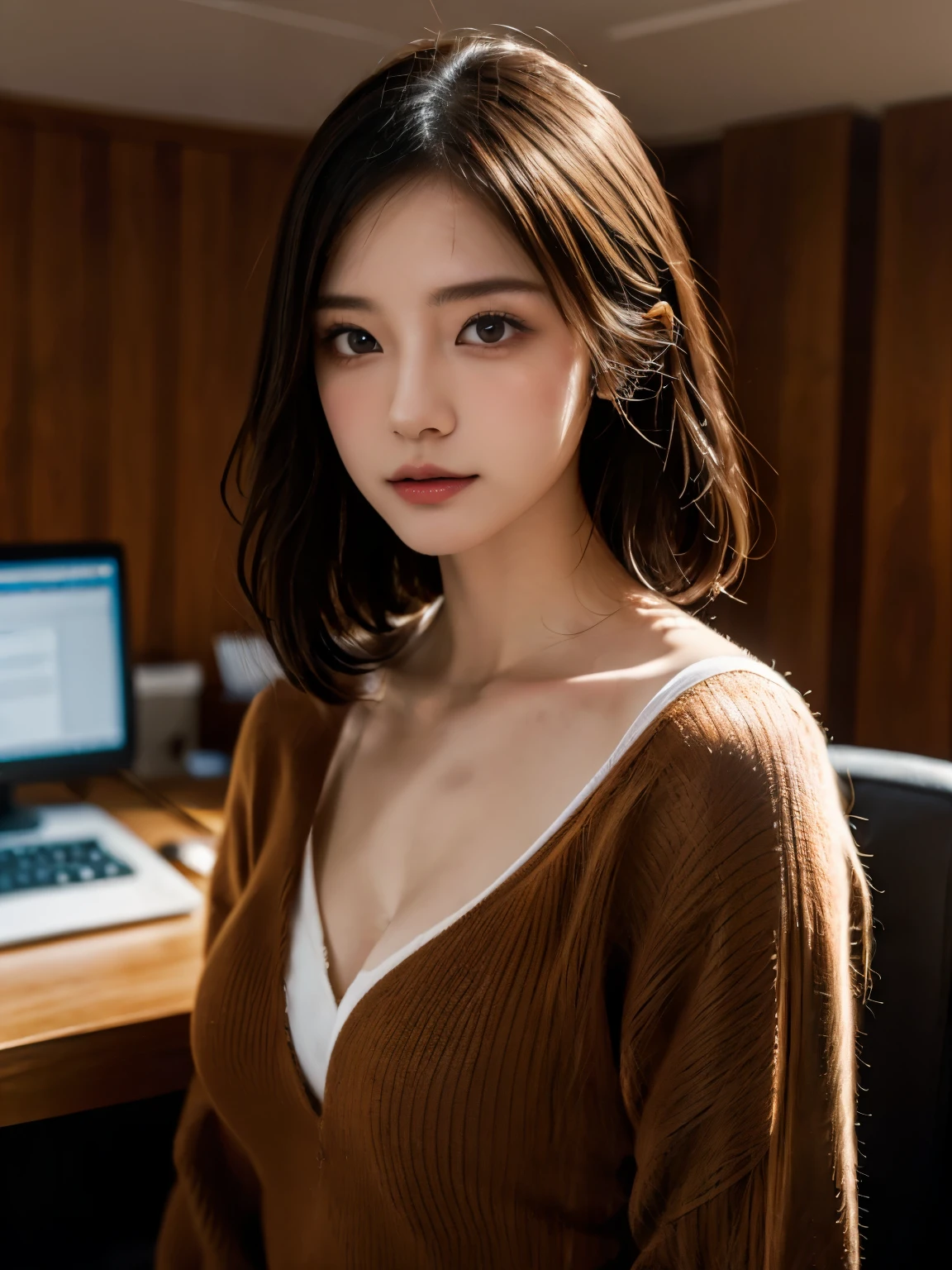 office of、Portrait of a woman in a business suit, highest quality、hyper hd、Yoshitomo Nara, japanese model, beautiful japanese girl, with short hair, 27 years old女性モデル, 4k ], 4K], 27 years old, sakimichan, sakimichan