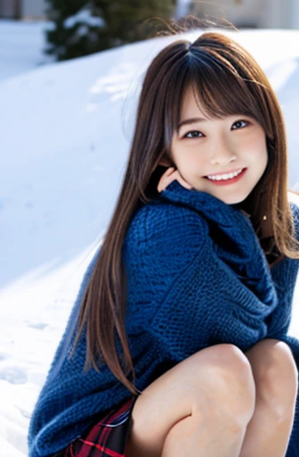 highest quality, soft light, ultra high resolution, (realistic:1.4), full_body,RAW photo, 1 Japanese girl, alone, cute, (pupil, There's a light in my eyes), detailed beautiful face,(High resolution details of human skin texture), (long hair), outdoor,skirt, (portrait),winter,big smile,knit,throwing snow