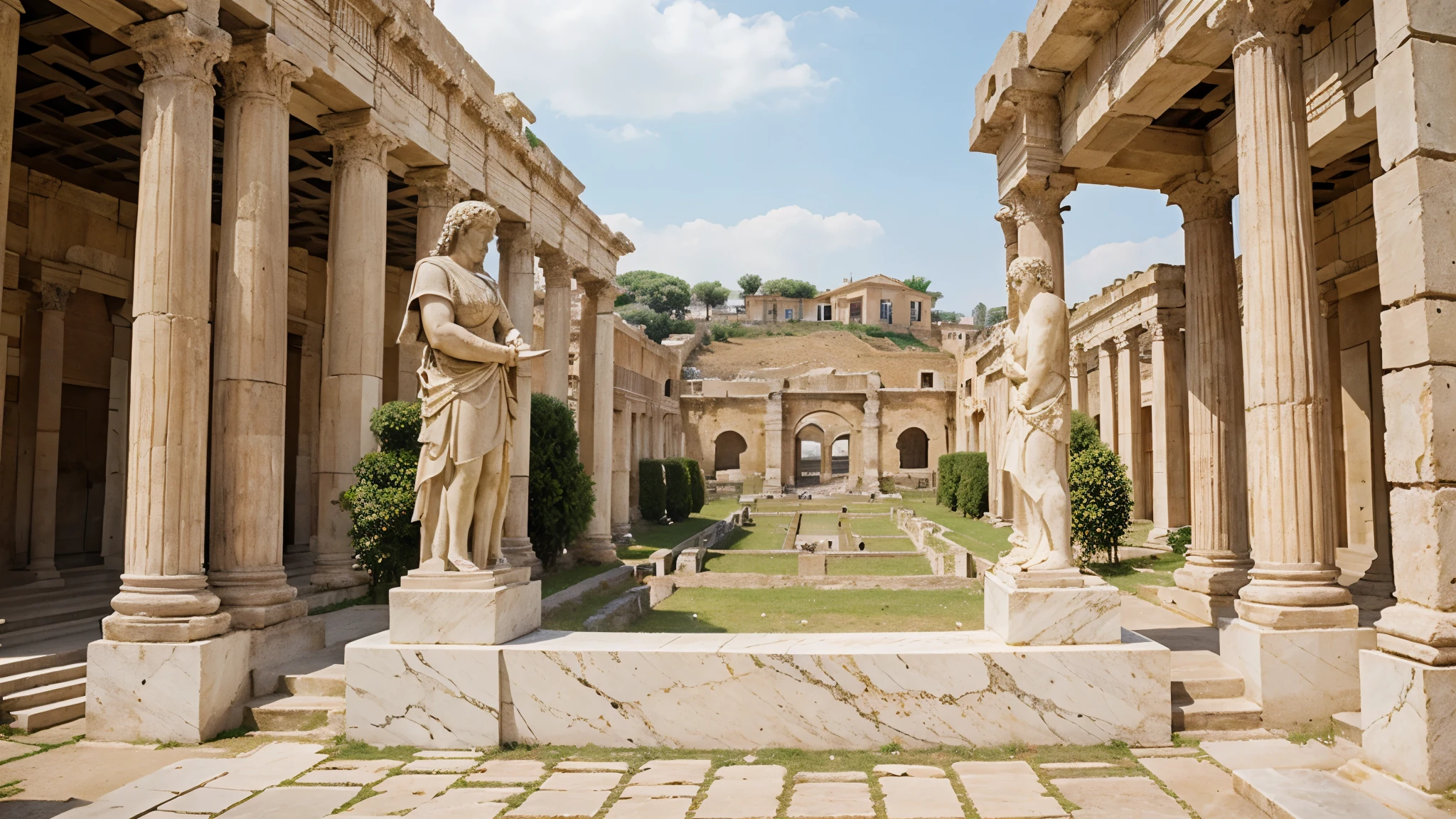 The background must be an antique roman city and in first plan the word "GHE$$" as a statue made of white marble