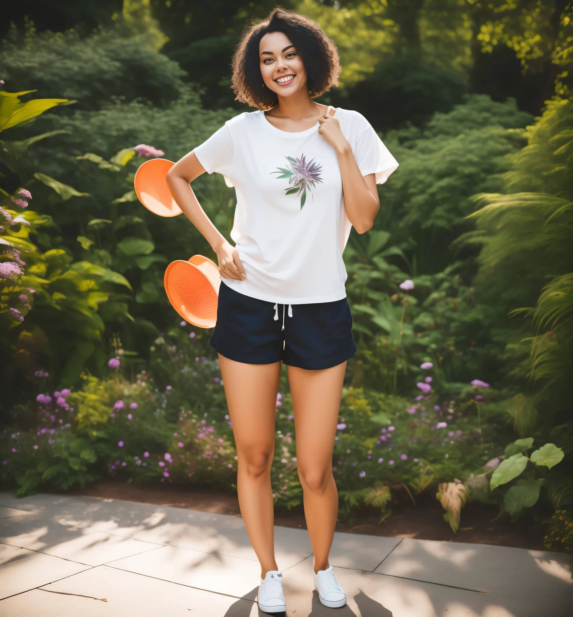 there is a woman standing in front of a bench with a frisbee, standing in a botanical garden, usando shorts escuros, uma camiseta branca, foto de corpo inteiro, vestindo bermuda e camiseta, foto de corpo inteiro, high resolution and high quality, obra de arte , 8k