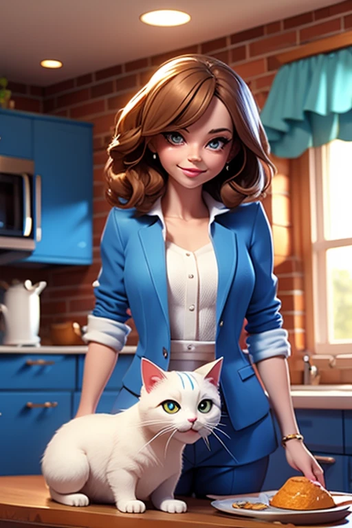 a lady cat with blue suit in a kitchen