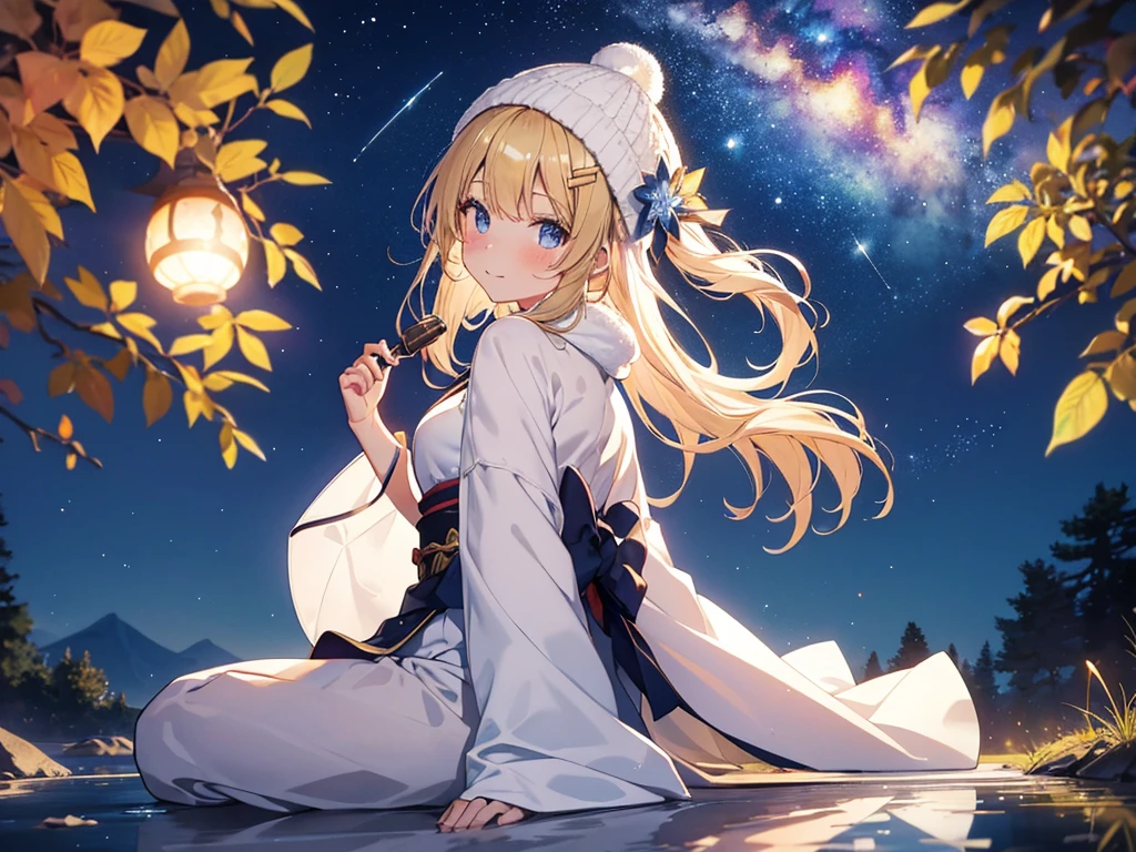 (masterpiece)++,(sweet illustration)+,detailed gradient eyes,outdoors, milky way galaxy, Beautiful scenery, Moonlight, high resolution, reflection,night view,
1girl, sitting, kimono, WHITE MUFFLER, CAPE, ROBE, (fluffy, beanie), from back, looking at viewer, medium bob, blonde hair, bun_head, shiny wavy hair, blue eyes, light smile, lens flare, Japanies Hairpin, kanzashi, braided bangs, cute, , 14-yo, , sweaty hats, white breath, shooting star, ancient city,