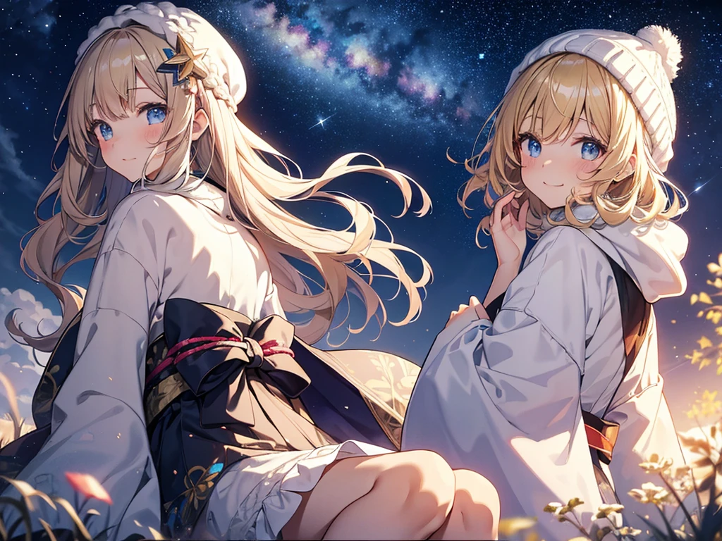 (masterpiece)++,(sweet illustration)+,detailed gradient eyes,outdoors, milky way galaxy, Beautiful scenery, Moonlight, high resolution, reflection,night view, 
1girl, sitting, kimono, WHITE MUFFLER, CAPE, ROBE, (fluffy, beanie), from back, looking at viewer, medium bob, blonde hair, bun_head, shiny wavy hair, blue eyes, light smile, lens flare, Japanies Hairpin, kanzashi, braided bangs, cute, , -yo, sweaty hats, white breath, shooting star, ancient city,