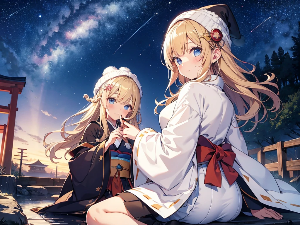 (masterpiece)++,(sweet illustration)+,detailed gradient eyes,outdoors, milky way galaxy, Beautiful scenery, Moonlight, high resolution, reflection,night view,
1girl, sitting, kimono, WHITE MUFFLER, CAPE, ROBE, (fluffy, beanie), from back, looking at viewer, medium bob, blonde hair, bun_head, shiny wavy hair, blue eyes, light smile, lens flare, Japanies Hairpin, kanzashi, braided bangs, cute, , 14-yo, , sweaty hats, white breath, shooting star, ancient city,