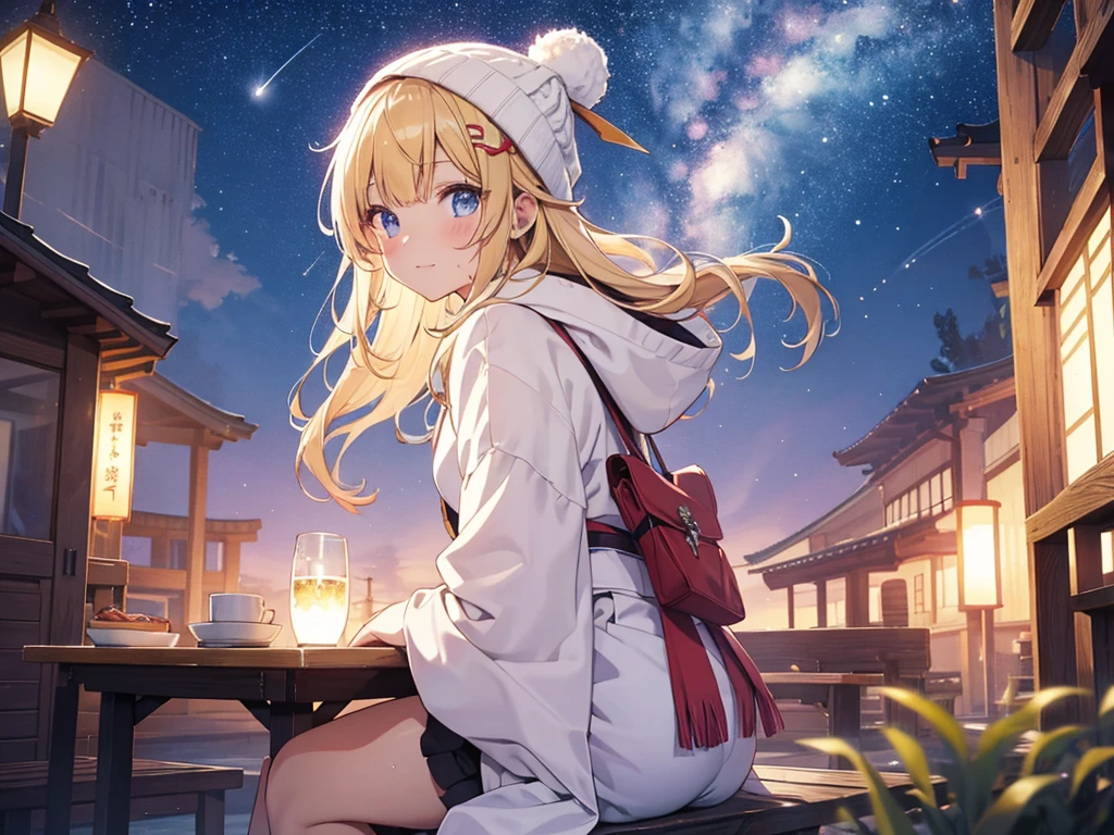 (masterpiece)++,(sweet illustration)+,detailed gradient eyes, outdoors, milky way galaxy, Beautiful scenery, Moonlight, high resolution, night view,
1girl, sitting, kimono, WHITE MUFFLER, CAPE, ROBE, (fluffy, beanie), from back, looking at viewer, medium bob, blonde hair, bun_head, shiny wavy hair, blue eyes, light smile, lens flare, Japanies Hairpin, kanzashi, braided bangs, cute, , 14-yo, , sweaty hats, white breath, shooting star, astronomical telescope, ancient city,