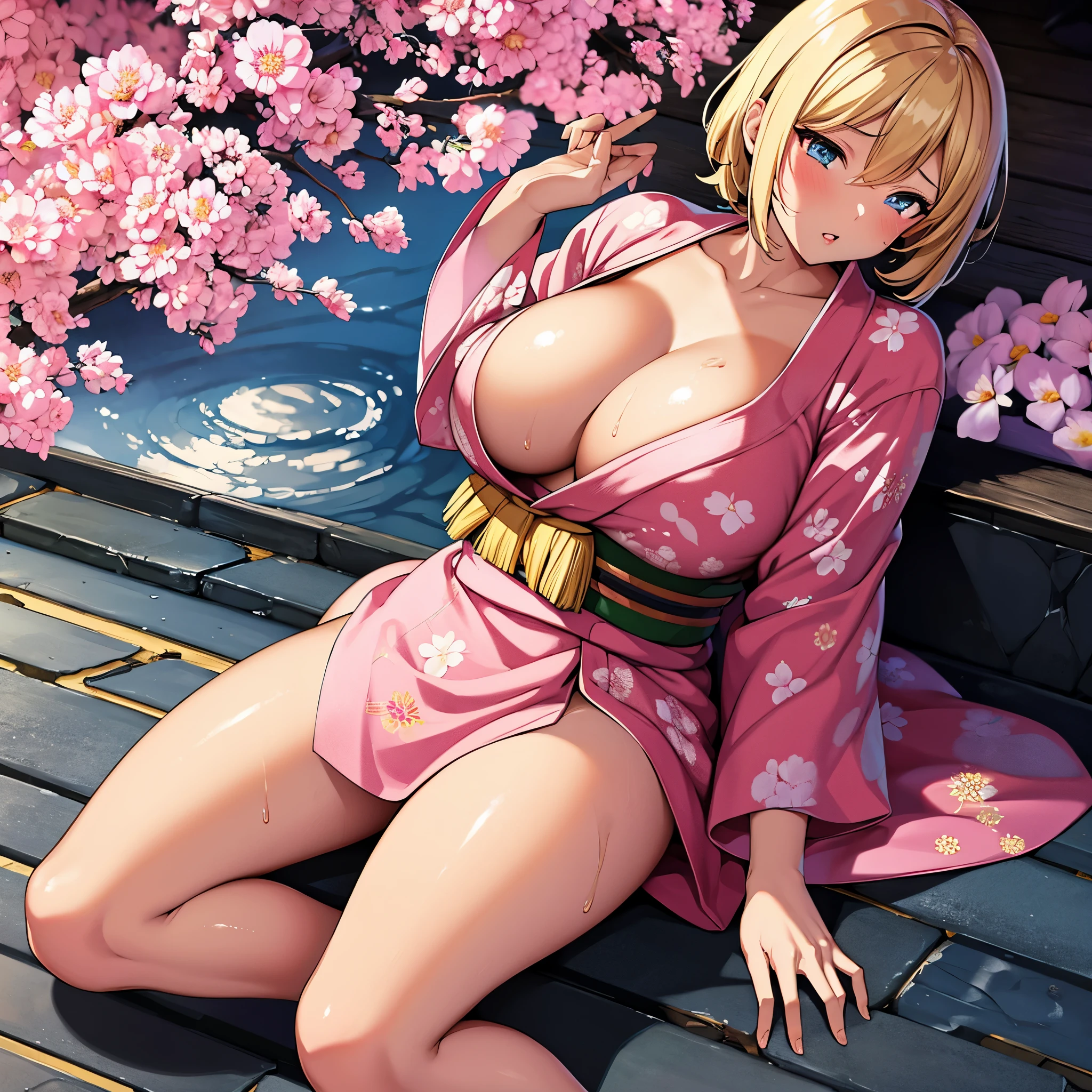 [ 4k digital art ]!!!,seductive anime girl,realistic anime render,hyper realistic girl,curvy girl,(tanned skin:1.2),gyaru,red lips,(pink yukata),flower patterned yukata,blonde short hair,cleavage,lying on grass,riverside,japanese summer,at night,outdoor,(sweaty),spreading legs,(pubic hair),from above,revealing clothes,(aroused)