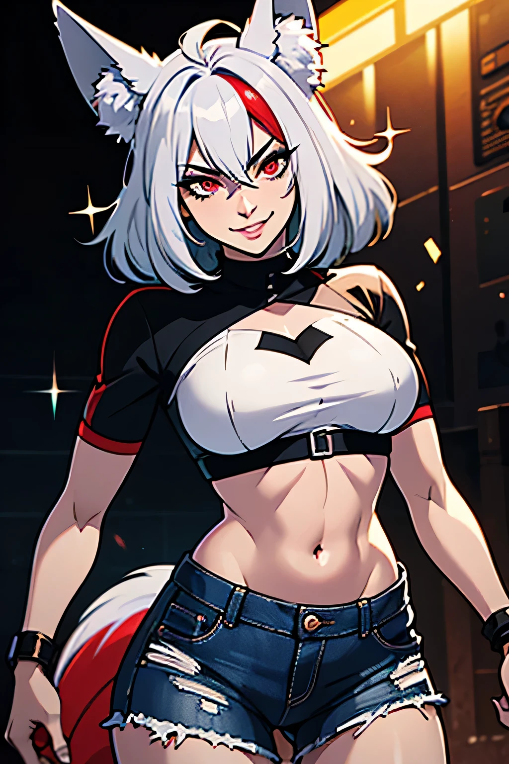 mulher jovem, cabelo com mechas, cabelo branco, cabelo cinza, orelhas de raposa, heart-shaped pupils, olhos vermelhos, Evil smile, corpo inteiro, Bikini & Shorts, superioridade, sutiã e shorts jeans, Fishnet pantyhose, cabelo com mechas, cabelo branco, rainbow hair, rainbow hair, cabelo cinza, orelhas de raposa, heart-shaped pupils, olhos vermelhos, Evil smile, anime, cinematic lighting, brilhar, anime, cinematic lighting, brilhar, Ultra HD, obra de arte, anatomicamente correto, Pele texturizada, super detalhe, detalhes altos, alta qualidade, premiado, melhor qualidade, high resolution, Ultra HD, obra de arte, anatomicamente correto, Pele texturizada, super detalhe, detalhes altos, alta qualidade, premiado, melhor qualidade, high resolution
