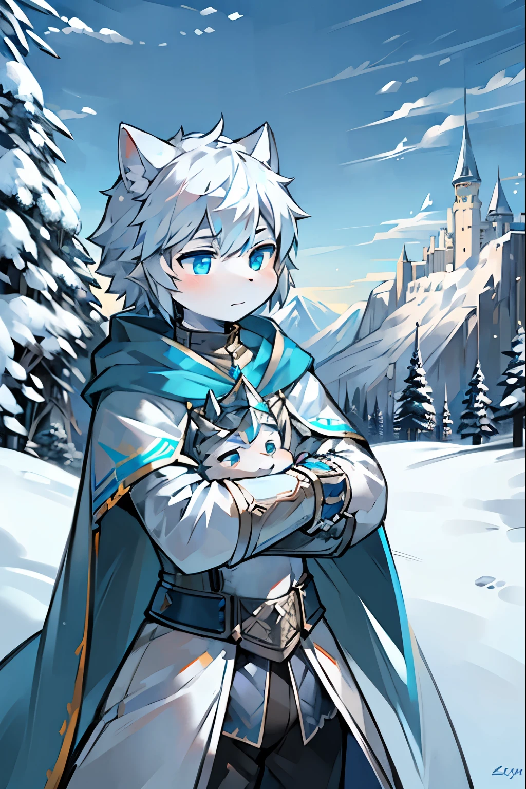 a white cat，Aqua-blue pupils，wearing armor，Snow，holding a longsword，blizzard，Carrying a long sword，Shota，mountains，Coat，Dress thickly，Fluttering cape，far away castle，silver helmet，Silver armor，The blue sword behind，Sabre at the waist，Clouds