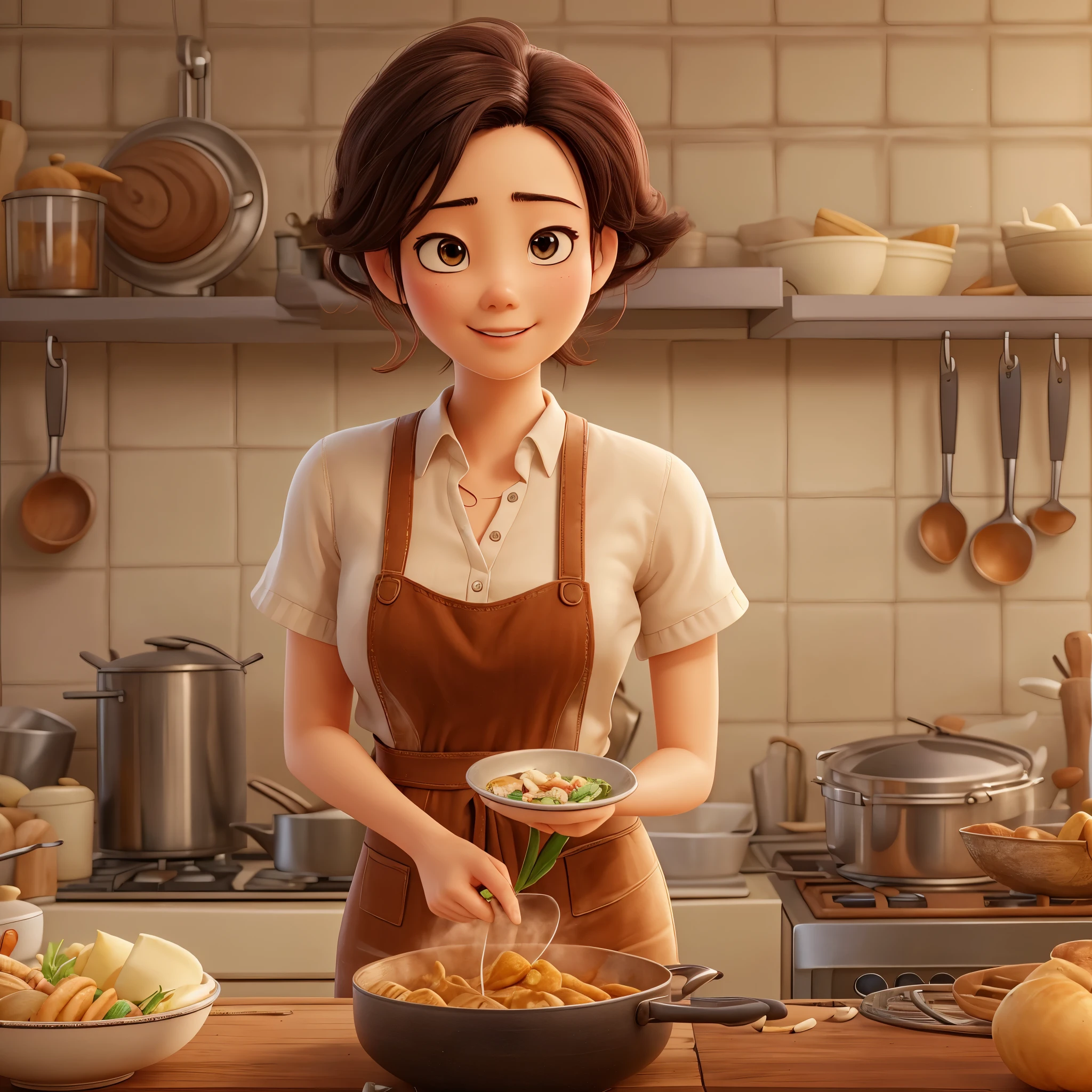 masterpiece, best quality, an asian woman,married woman,Gentle and beautiful mother,Short-cut hair of maroon color,housewife,In the kitchen,Pixar style, best quality,