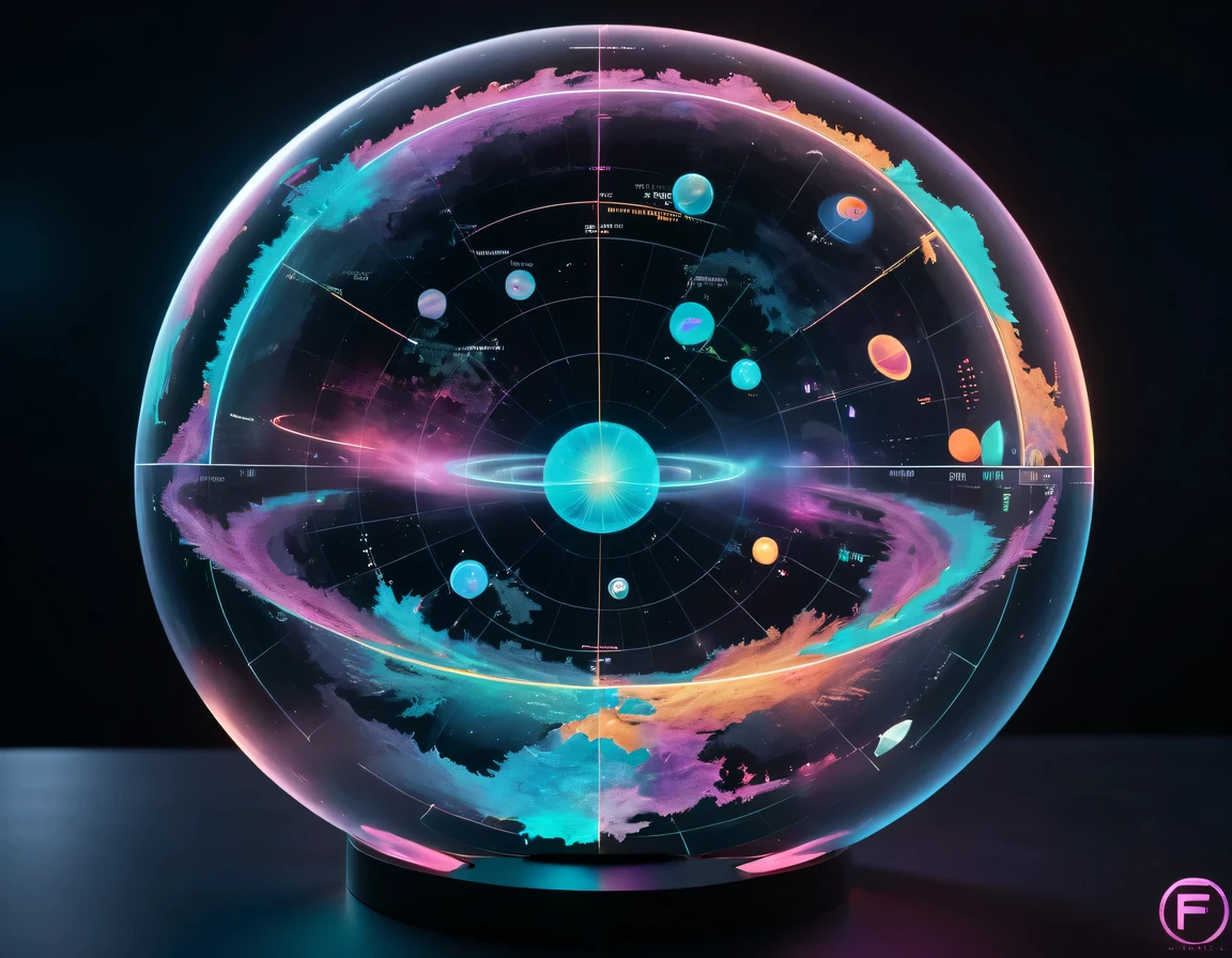 high tech会议大厅中间有未来派transparent空灵天文图，3D astronomical map，Holographic projection astronomical map，Map of cosmic galaxies，spherical，transparent，cyberpunk，X-ray，fluorescence，neon lights，high tech，command hall，Control lobby