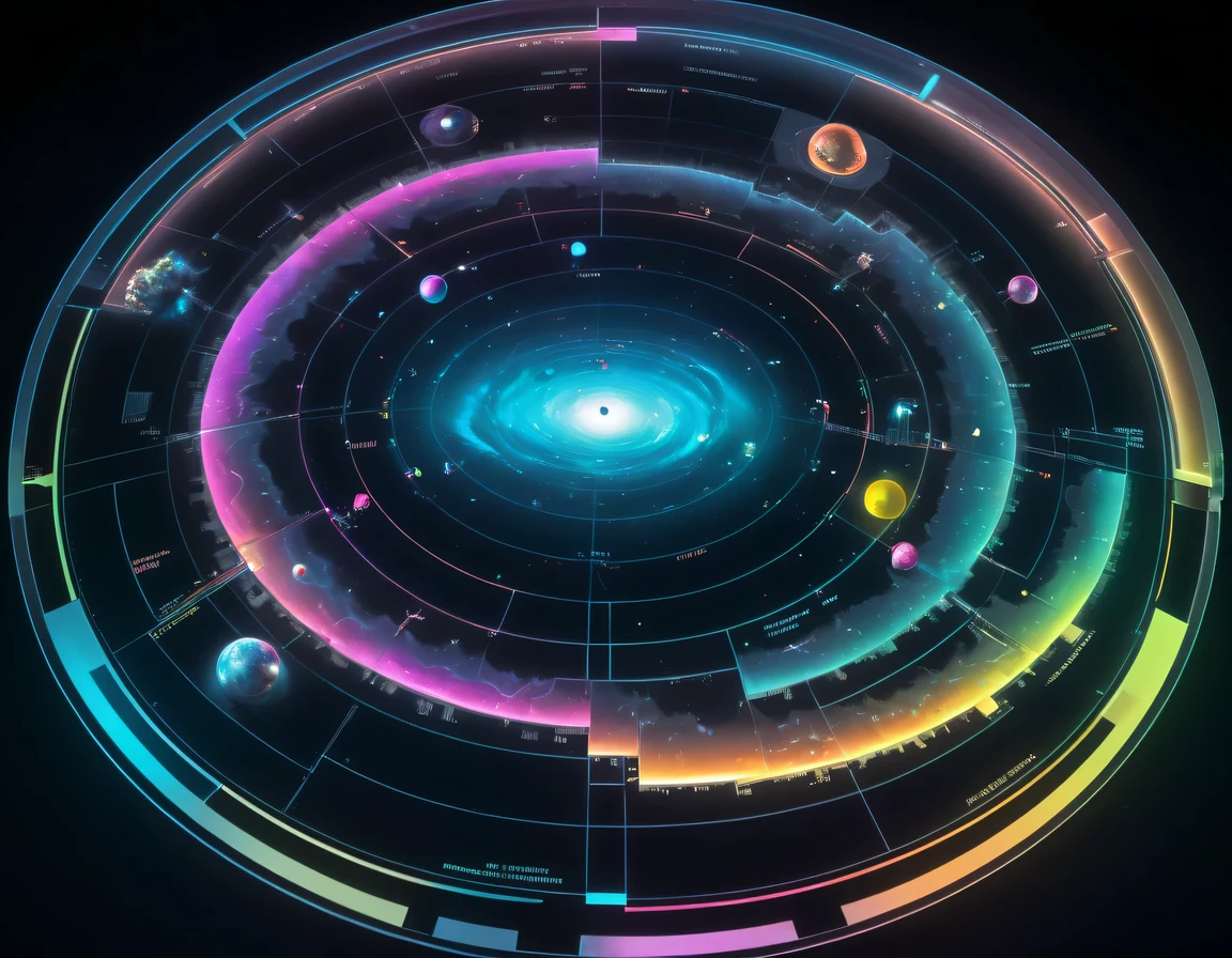 high tech会议大厅中间有未来派transparent空灵天文图，3D astronomical map，Holographic projection astronomical map，Map of cosmic galaxies，spherical，transparent，cyberpunk，X-ray，fluorescence，neon lights，high tech，command hall，Control lobby