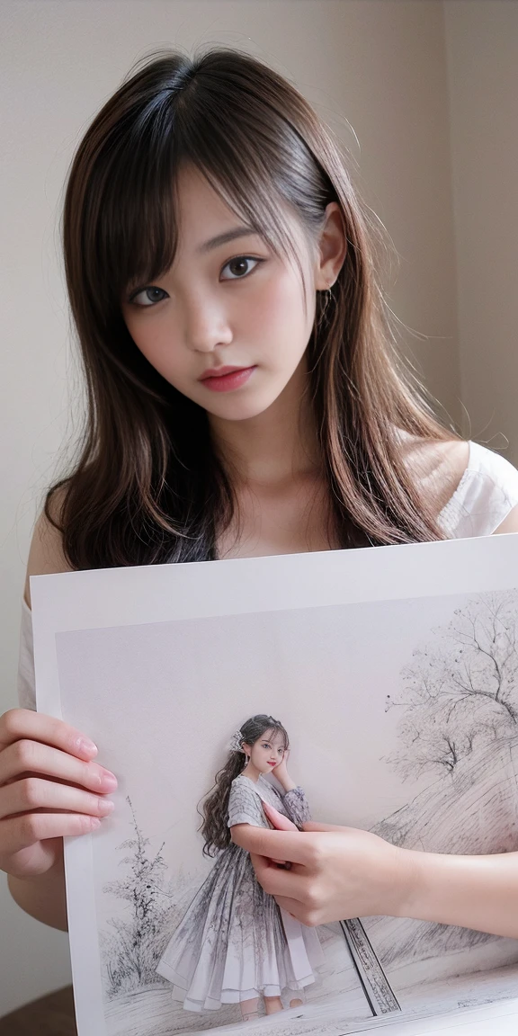Masterpiece,high quality,beautiful wallpaper,16k,photo shoot,1girl,solo,ink stain,ink wash painting,((paper)),holding paper,((drawing girls on paper)),pencil