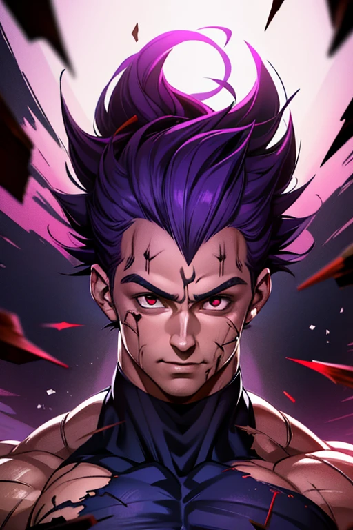 Cristiano Ronaldo with purple hair, red eyes, torn clothes, smeared with blood, a hateful expression on his face, and a dark purple aura coming out of his body