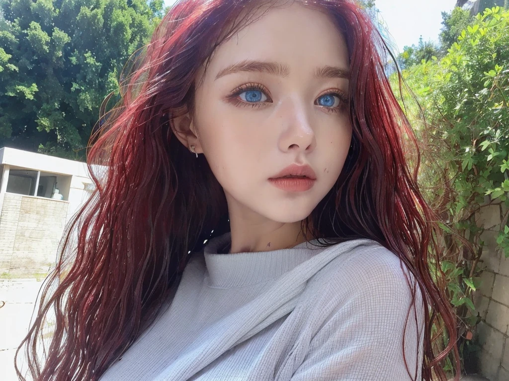 4 miniature Beautiful handsome woman, ((top quality, 8k, masterpiece:1.retty woman, 1woman, huge breasts:1.3, slender figure:1.1, elastic red long hair, (shower, wet body, wet clothes:1.1), very detailed face, detailed lips, detailed eyes, double eyelids, detailed blue eyes, extremely detailed outstanding blue eyes, red wet hair, red wet hair, detailed outstanding BLUE EYES, innocent stare at the viewer, extremely wet wavy red hair, detailed outstanding BLUE EYES, raining outside