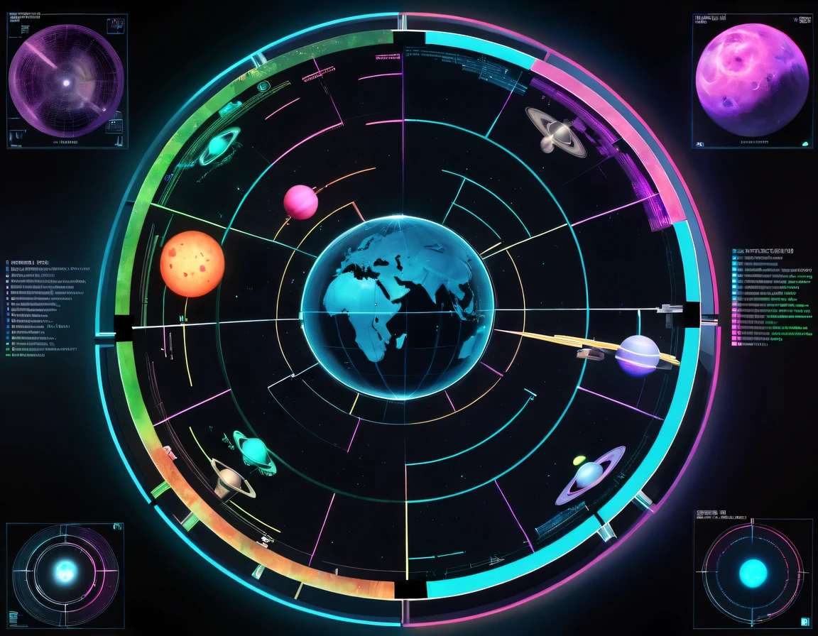 high tech会议大厅中间有未来派transparent空灵天文图,3D astronomical map,Holographic projection astronomical map,Map of cosmic galaxies,spherical,transparent,cyberpunk,X-ray,fluorescence,neon lights,high tech,command hall,Control lobby