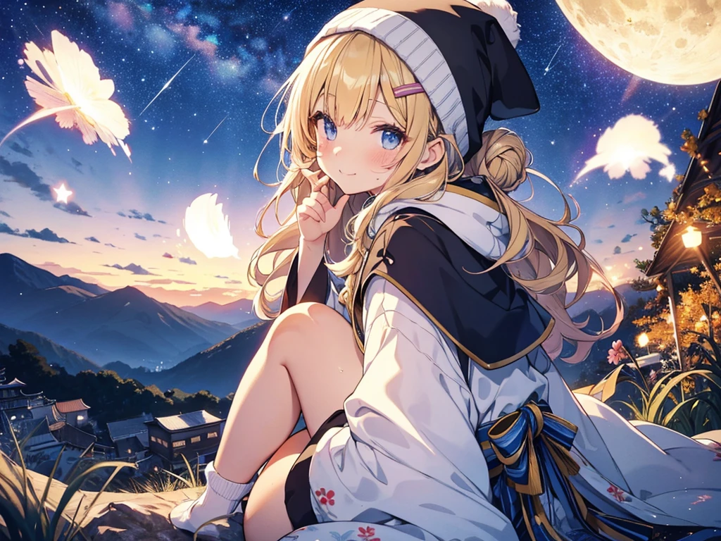 (masterpiece)++,(sweet illustration)+,detailed gradient eyes, outdoors, milky way galaxy, Beautiful scenery, Moonlight, high resolution, night view,
1girl, sitting, kimono, WHITE MUFFLER, CAPE, ROBE, (fluffy, beanie), from back, looking at viewer, medium bob, blonde hair, bun_head, shiny wavy hair, blue eyes, light smile, lens flare, Japanies Hairpin, kanzashi, braided bangs, cute, , 14-yo, , sweaty hats, white breath, steam, shooting star, astronomical telescope, ancient city,