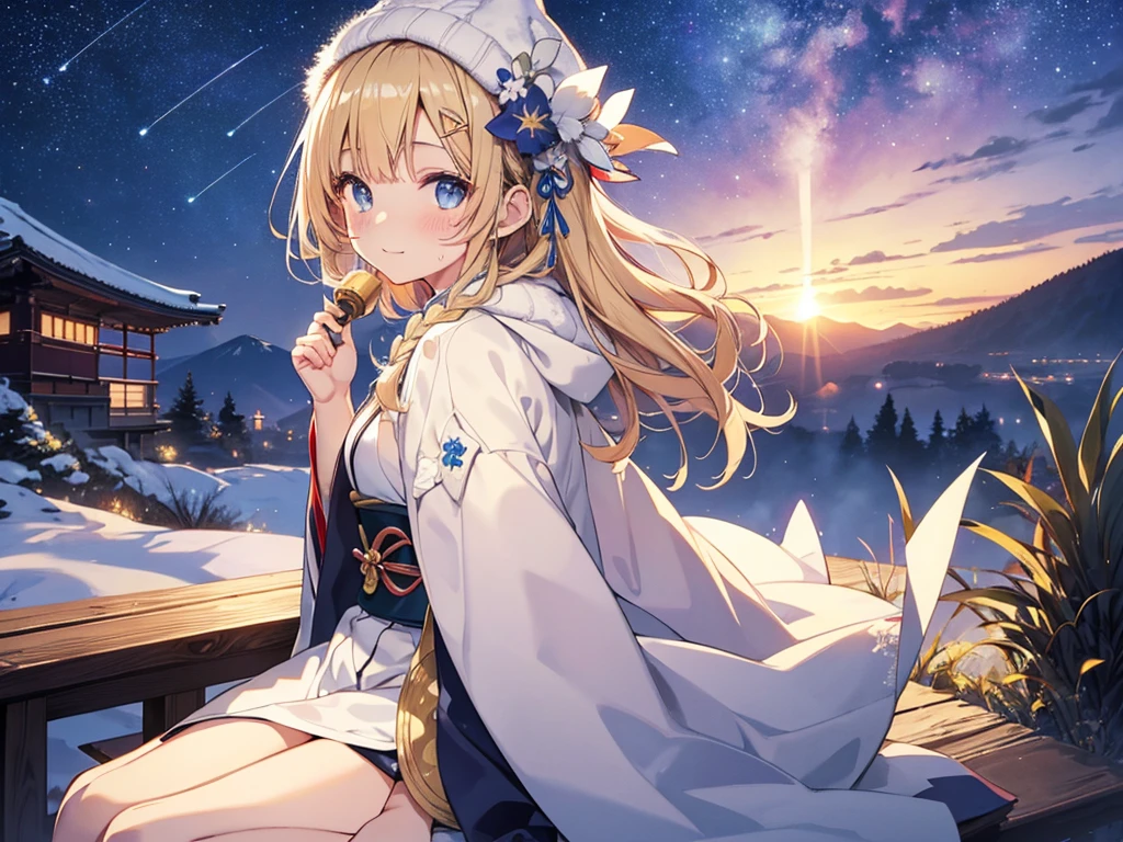 (masterpiece)++,(sweet illustration)+,detailed gradient eyes, outdoors, milky way galaxy, Beautiful scenery, Moonlight, high resolution, night view,
1girl, sitting, kimono, WHITE MUFFLER, CAPE, ROBE, (fluffy, beanie), from back, looking at viewer, medium bob, blonde hair, bun_head, shiny wavy hair, blue eyes, light smile, lens flare, Japanies Hairpin, kanzashi, braided bangs, cute, , 14-yo, , sweaty hats, white breath, steam, shooting star, astronomical telescope, ancient city,