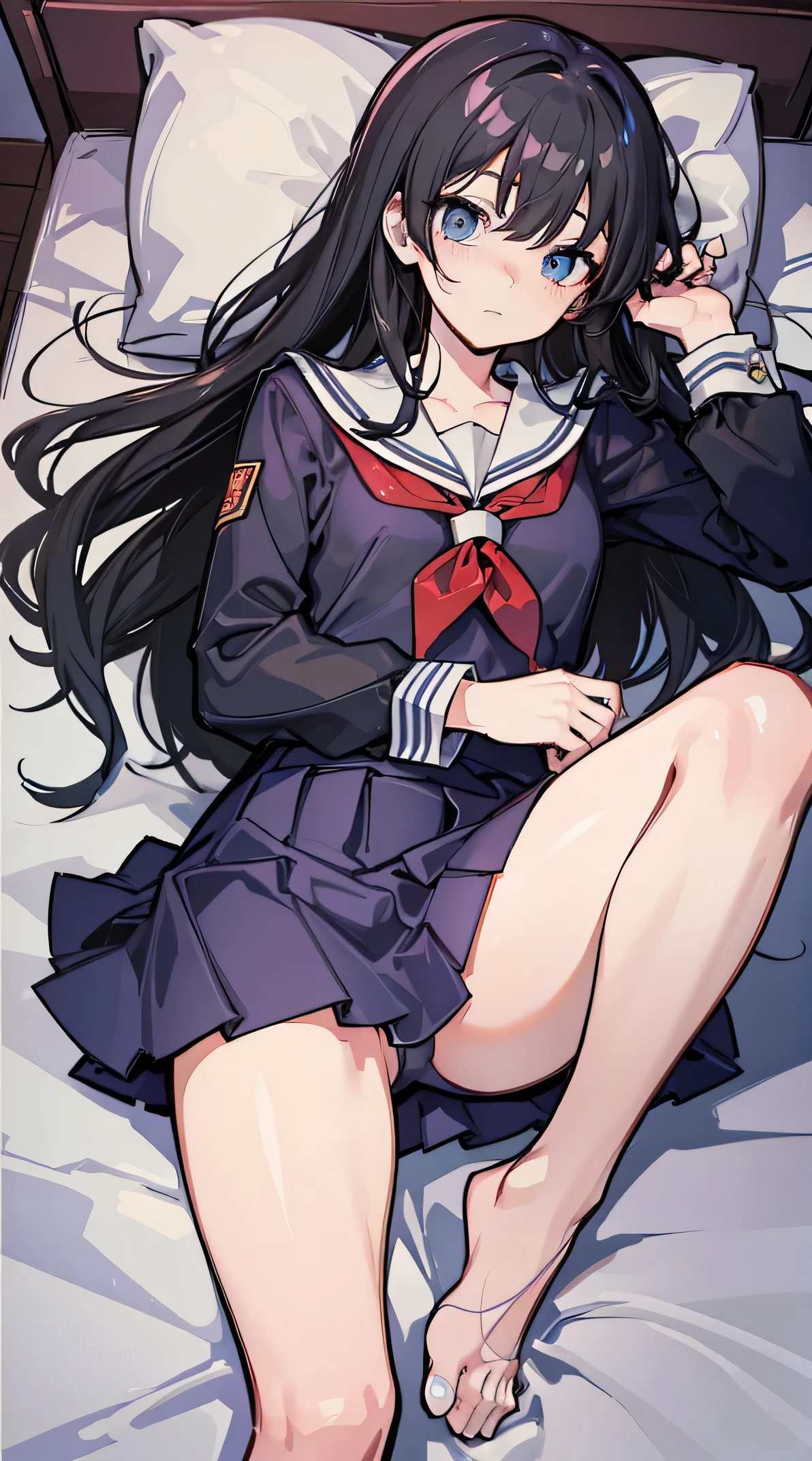 High resolution、(spread both legs:2)、The body warps、embarrassed look、blush、beautiful dark blue eyes、1 girl、long black hair、(school uniform:1.3)、red ribbon、sailor suit、(gray skirt:1.5)、(sleeping face up on the bed:1.5)、cute anime illustration、perfect lighting、whole body、perfect anatomy、perfect fingers