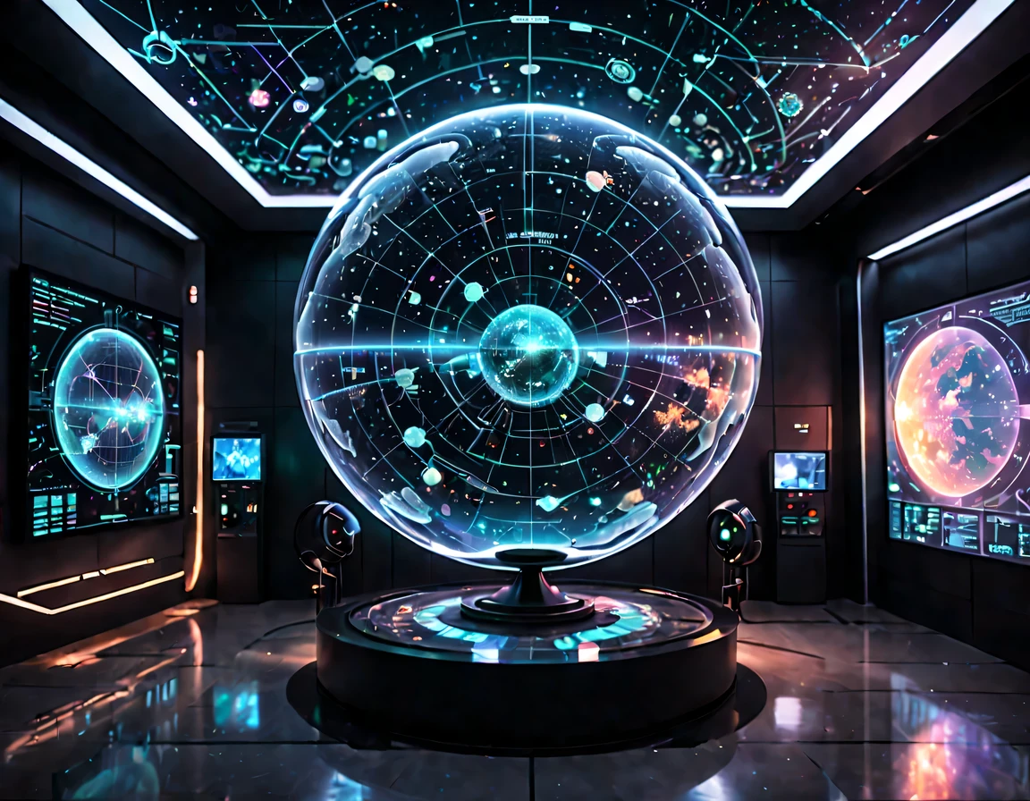 high tech会议大厅中间有未来派transparent空灵天文图,3D astronomical map,Holographic projection astronomical map,Map of cosmic galaxies,spherical,transparent,cyberpunk,X-ray,fluorescence,neon lights,high tech,command hall,Control lobby