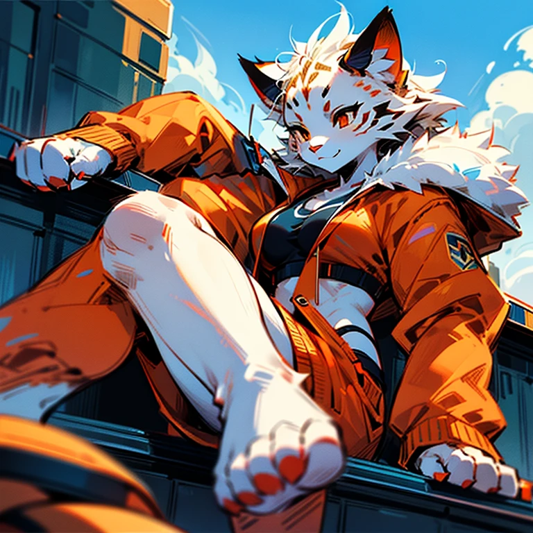 (masterpiece), best quality, expressive eyes, perfect face, fur, tiger,girl, B cup breasts, orange eyes, orange cardigan jacket, white body, Black sports bra, horizontal perspective, sitting, 4 fingers , 4 toes