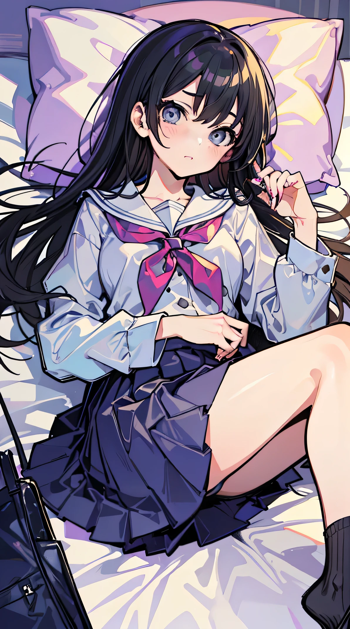 High resolution、(spread both legs:2)、The body warps、embarrassed look、blush、beautiful dark blue eyes、1 girl、long black hair、(school uniform:1.3)、red ribbon、sailor suit、(gray skirt:1.5)、(sleeping face up on the bed:1.5)、cute anime illustration、perfect lighting、whole body、perfect anatomy、perfect fingers
