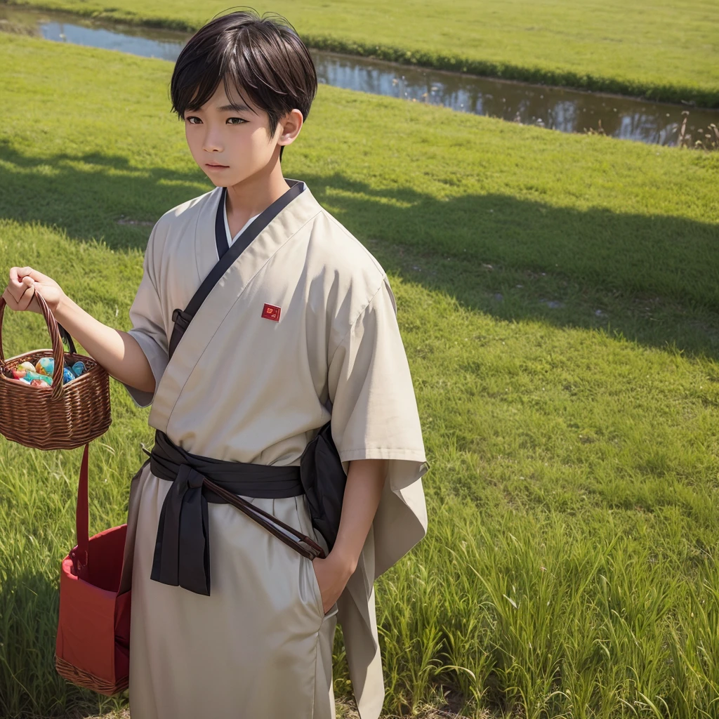 High resolution, Super detailed, masterpiece, highest quality,oriental、boy、boy working in the field、grassland、Basket Bag、Wearing traditional Japanese costumes、game poster、alone、