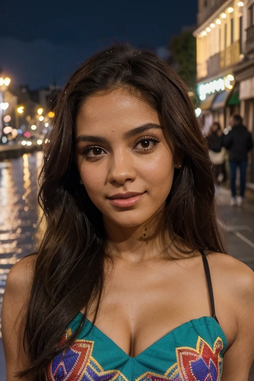 a 25-year-old Brazilian woman, morena de pelo rizado voluminoso, con ojos color miel, mirada sexy, poros detallados de la piel, piel grasa, piel bronceada, golpe de sol, detalles intrincados de los ojos, todo el cuerpo, pechos grandes, color brillante, sombra de ojos, vestido de fiesta, sonrisa dulce, (uso de estilo callejero: 1.2), (fondo de la ciudad: 1.2), cinematic light, high resolution, walking along the Seine river at night