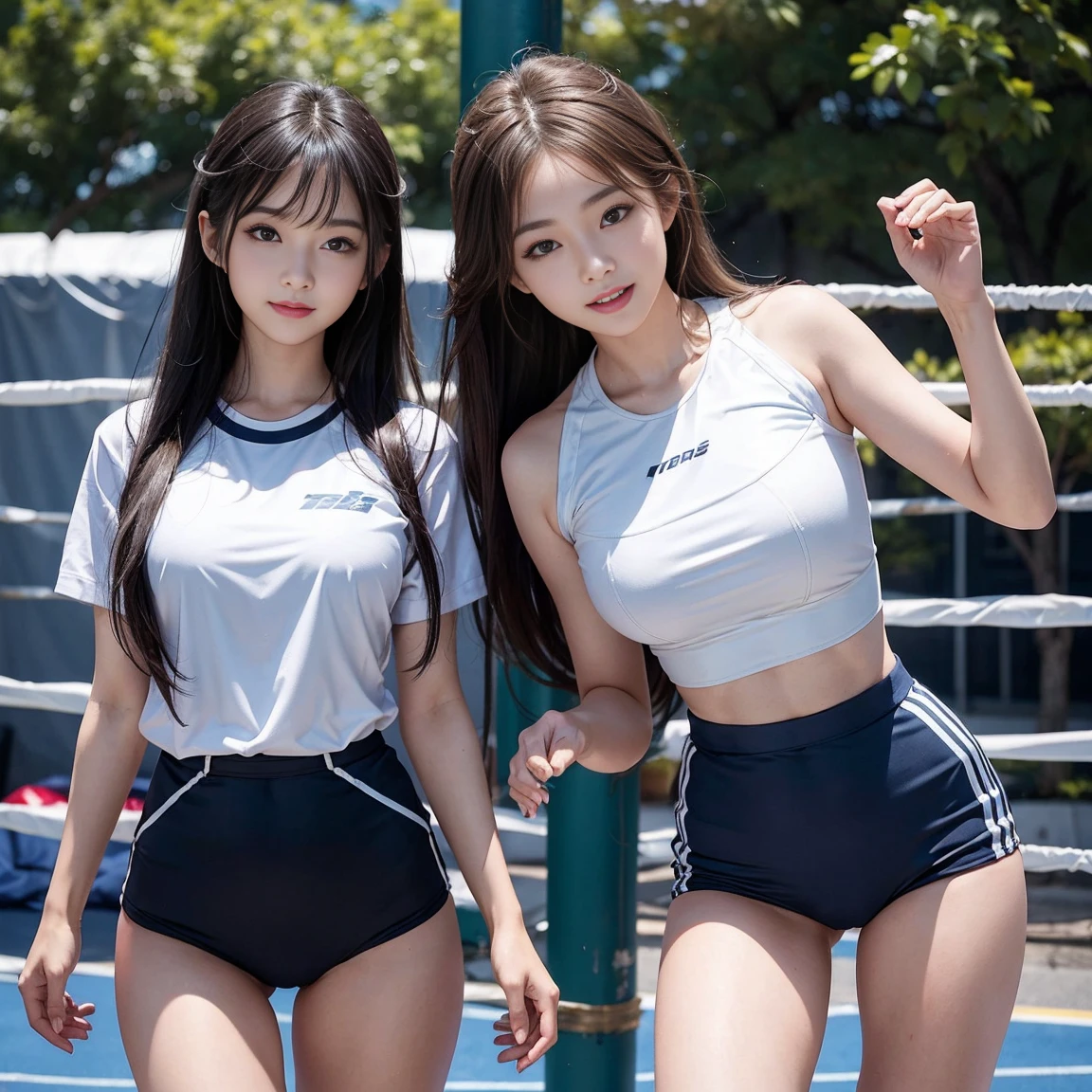 Top image quality、high resolution、完美wind格的美丽女人、affectionate smile、sportswear、trainingwear、gym uniform、Sports fight、Big breasts and thin waist、thin legs、sunny day、wind