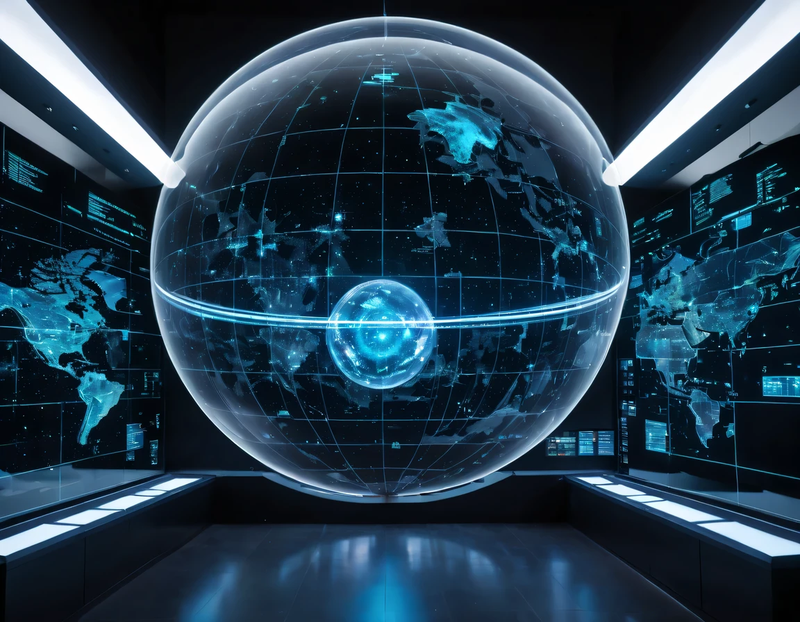 high tech会议大厅中间有未来派transparent空灵天文图,3D astronomical map,Holographic projection astronomical map,Map of cosmic galaxies,spherical,transparent,cyberpunk,X-ray,fluorescence,neon lights,high tech,command hall,Control lobby