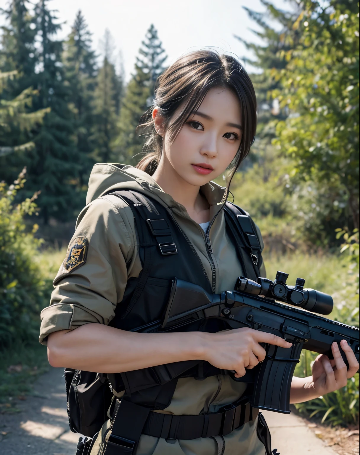 Photoreal、realistic skin texture、automatic rifle