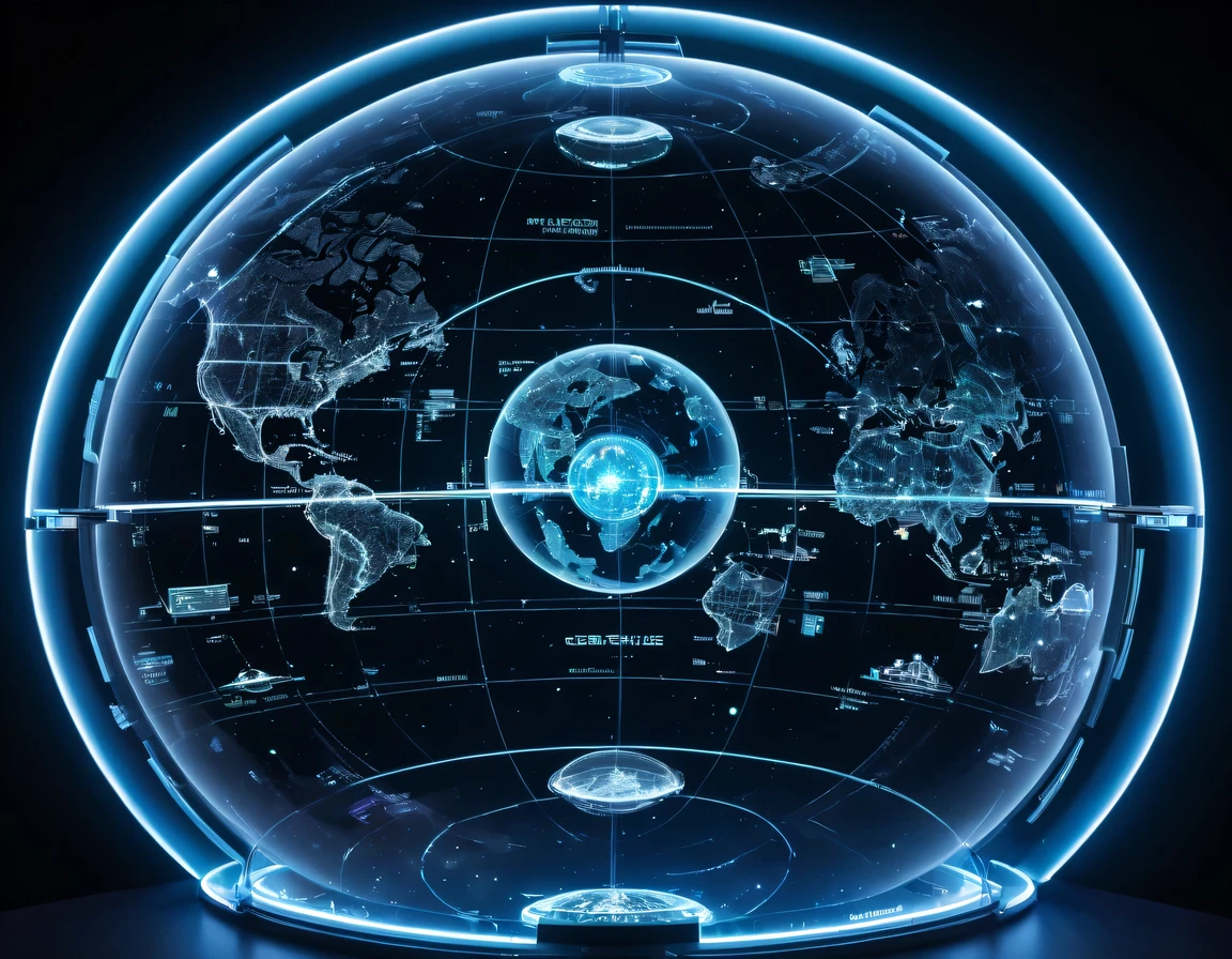 high tech会议大厅中间有未来派transparent空灵天文图，3D astronomical map，Holographic projection astronomical map，Map of cosmic galaxies，spherical，transparent，cyberpunk，X-ray，fluorescence，neon lights，high tech，command hall，Control lobby