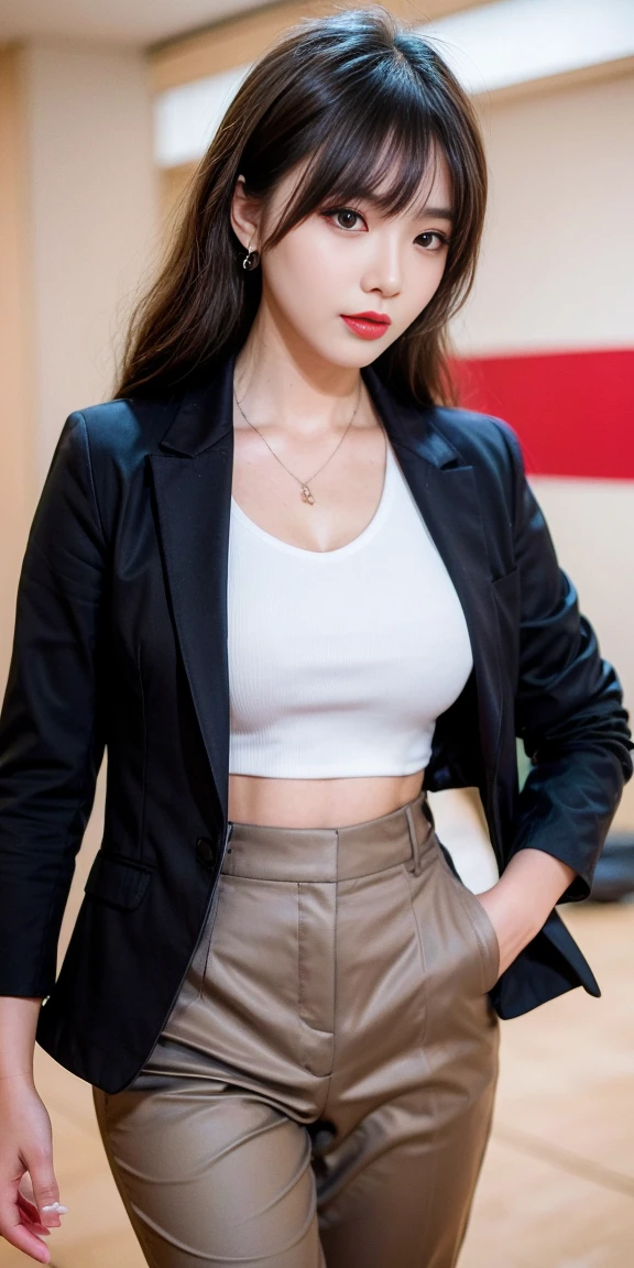 Canon RF85mm f/1.2,masterpiece,best quality,ultra highres,1 girl,(korean mixed,kpop idol:1.2),solo,shiny_skin,very white skin,black eyes,necklace,brown hair,red lips,long hair,eyelashes,wavy hair,bangs,make-up,shiny lips,shiny,Pore,skin texture,jewelry,bracelet,(((Structured_blazer:1.4),(Cropped_trousers:1.3),(Pointed-toe_flats:1.2),(Business_conference_background:1.4)))
