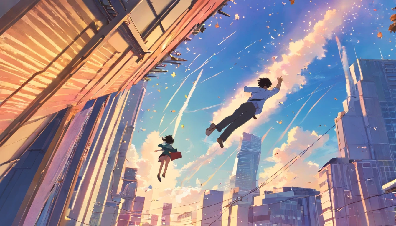 buildings fall from the sky,a man falls from the sky,look of despair,perspective falling from the sky